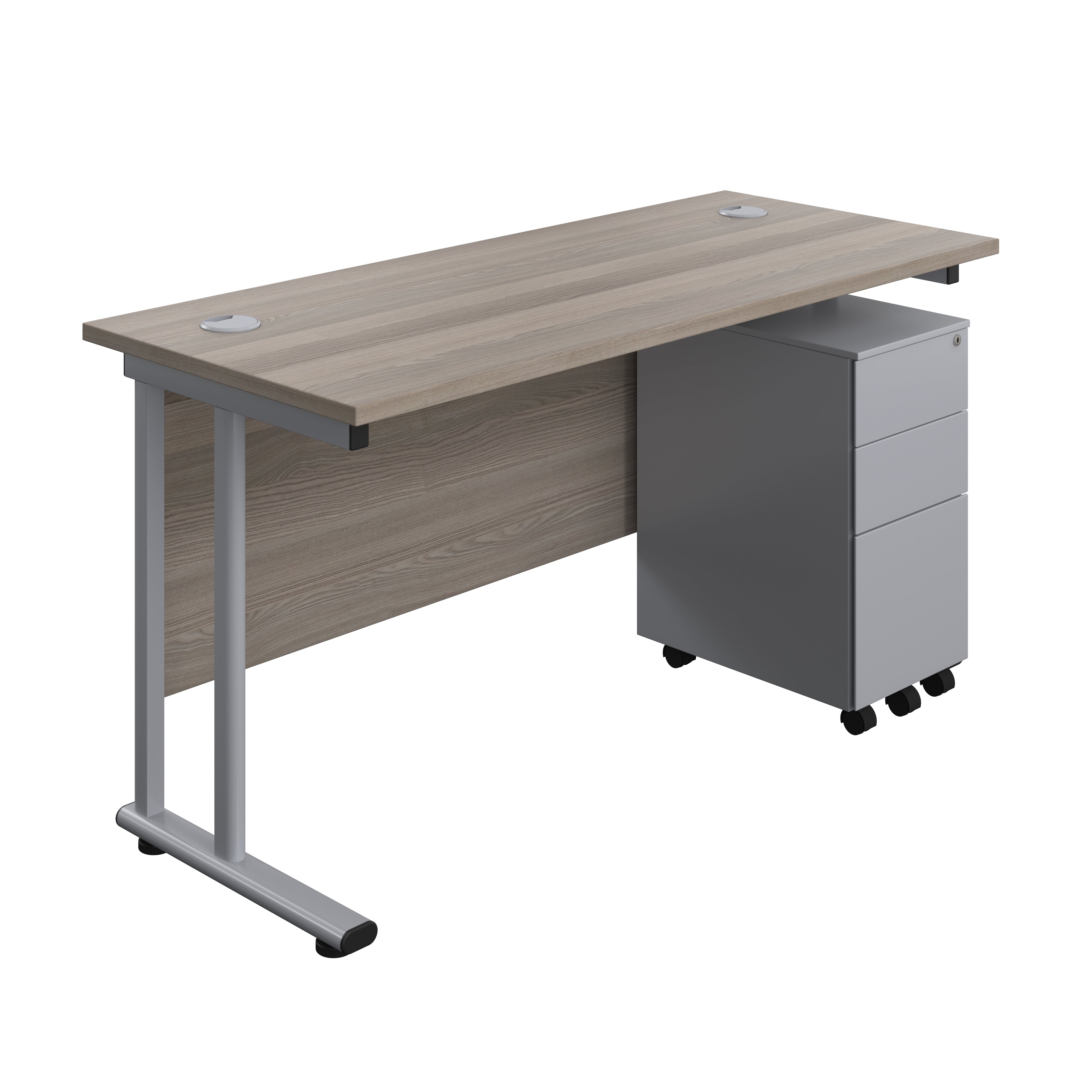 Twin Upright Rectangular Desk + Slimline Steel Pedestal 3 Drawers (FSC) | 1400X600 | Grey Oak/Silver