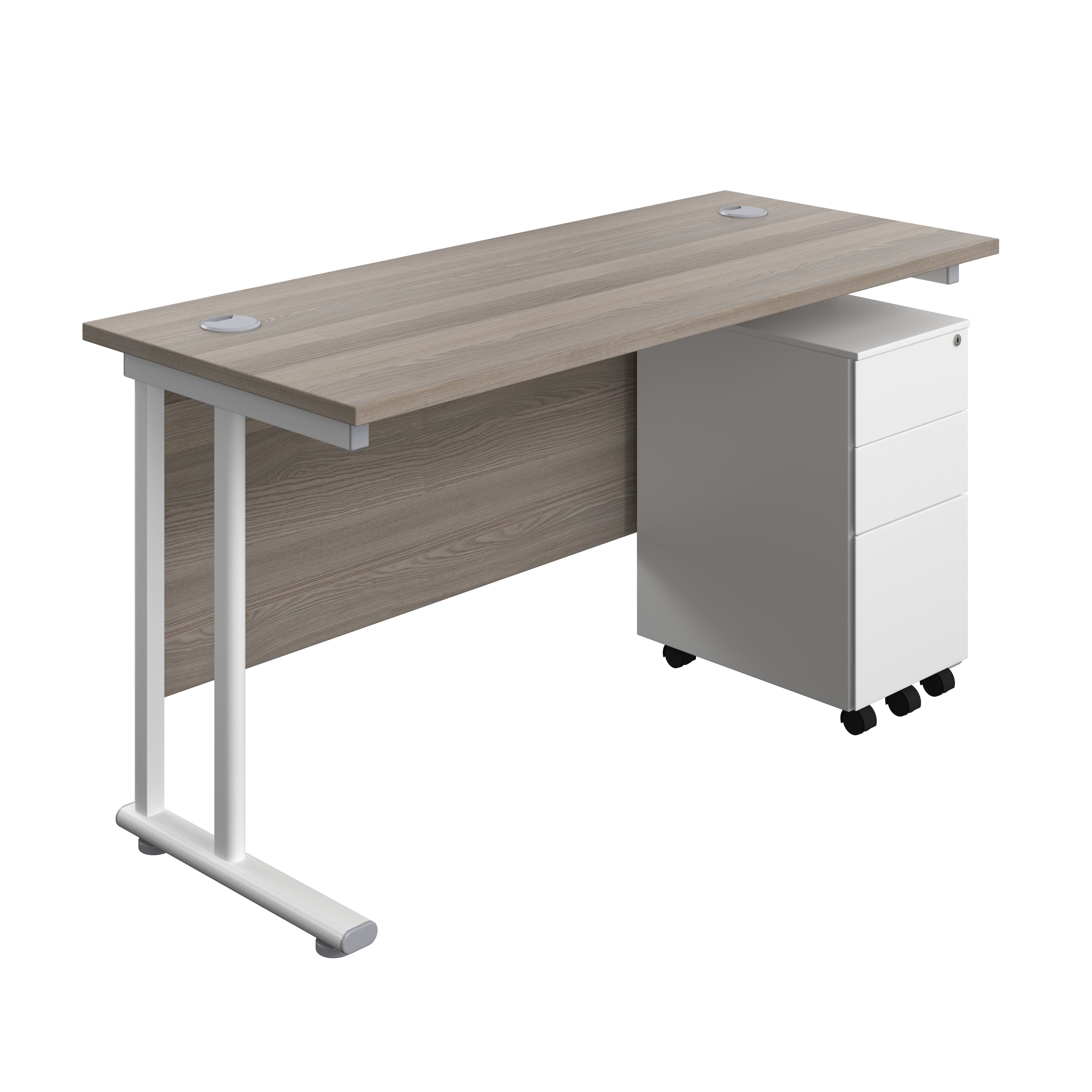 Twin Upright Rectangular Desk + Slimline Steel Pedestal 3 Drawers (FSC) | 1400X600 | Grey Oak/White