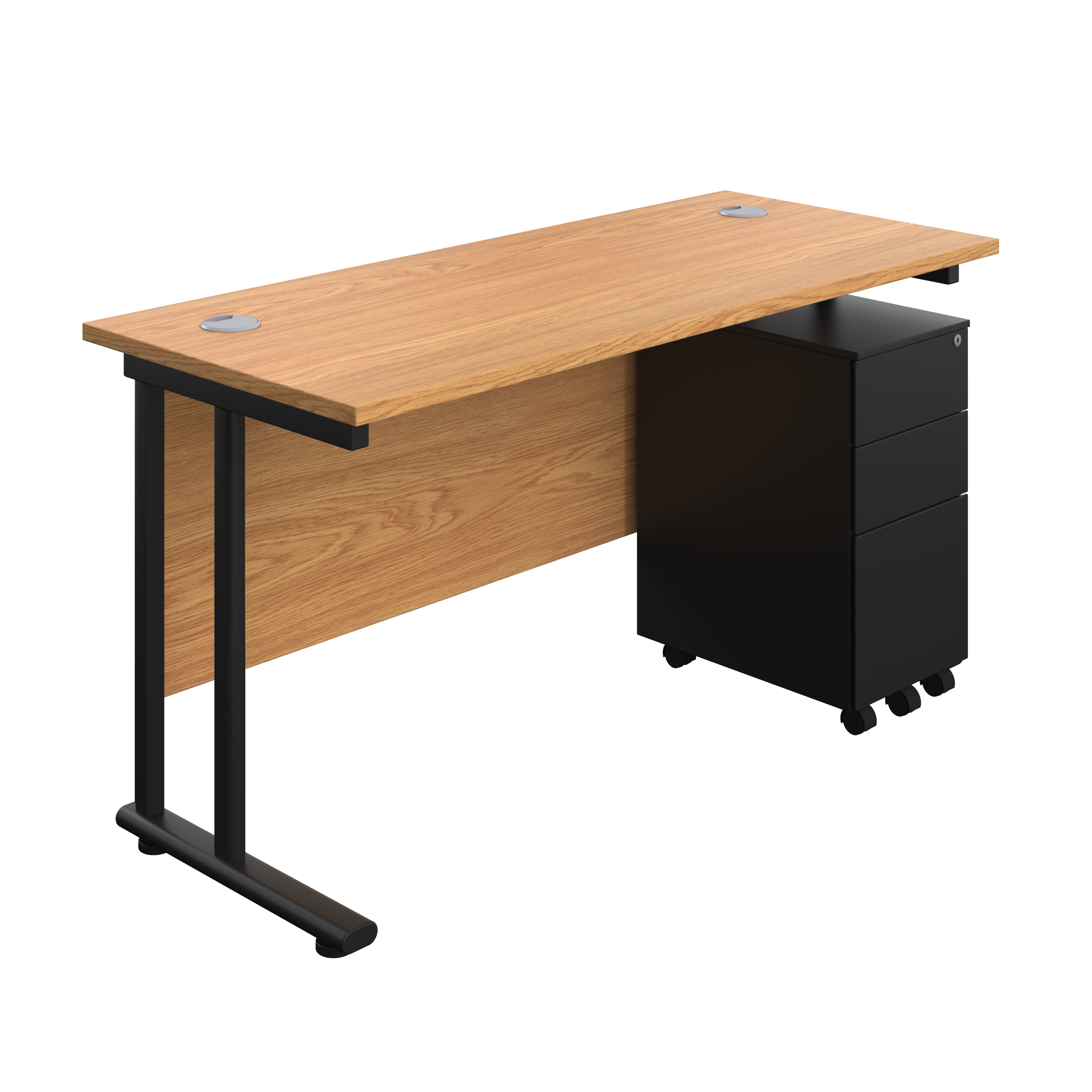 Twin Upright Rectangular Desk + Slimline Steel Pedestal 3 Drawers (FSC) | 1400X600 | Nova Oak/Black