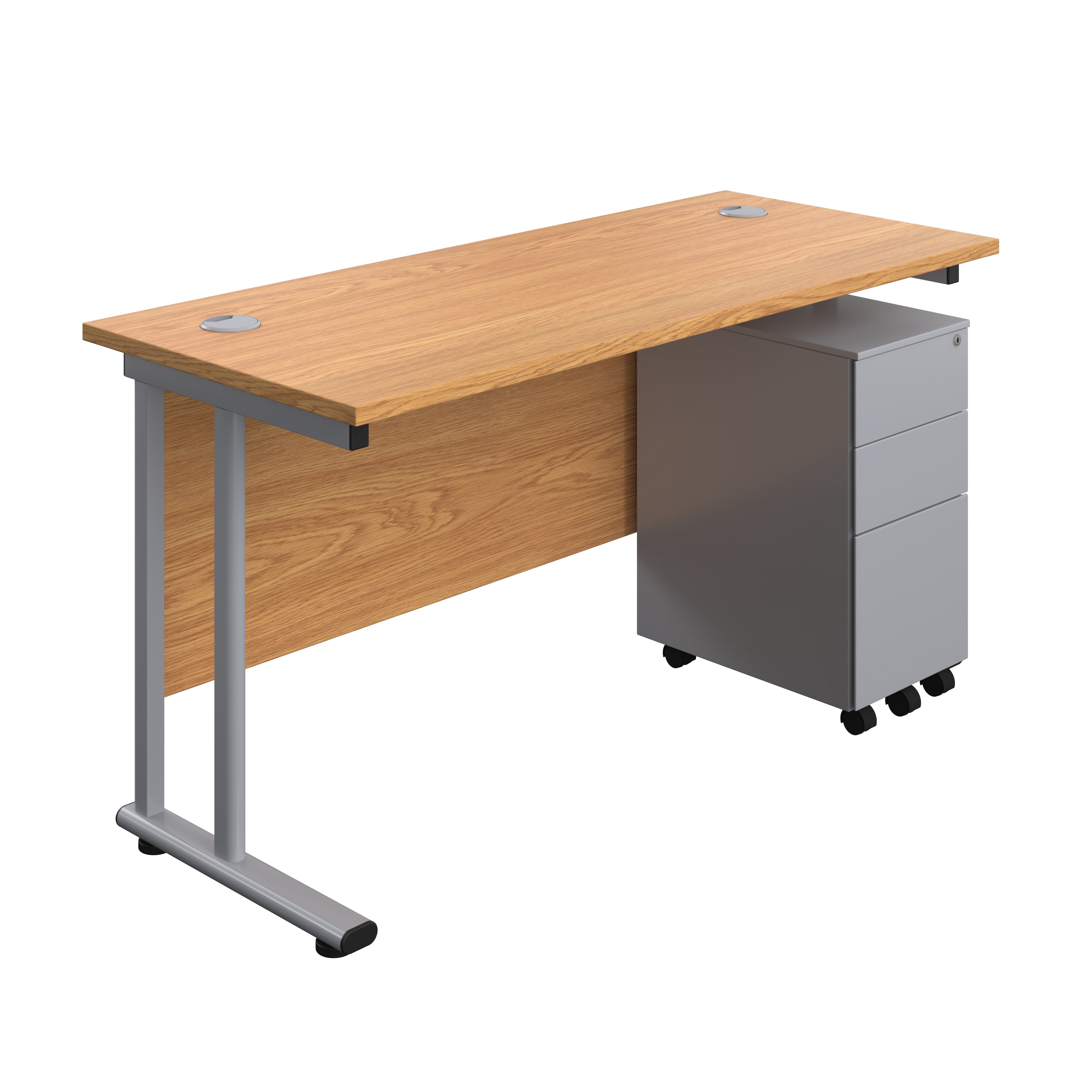 Twin Upright Rectangular Desk + Slimline Steel Pedestal 3 Drawers (FSC) | 1400X600 | Nova Oak/Silver