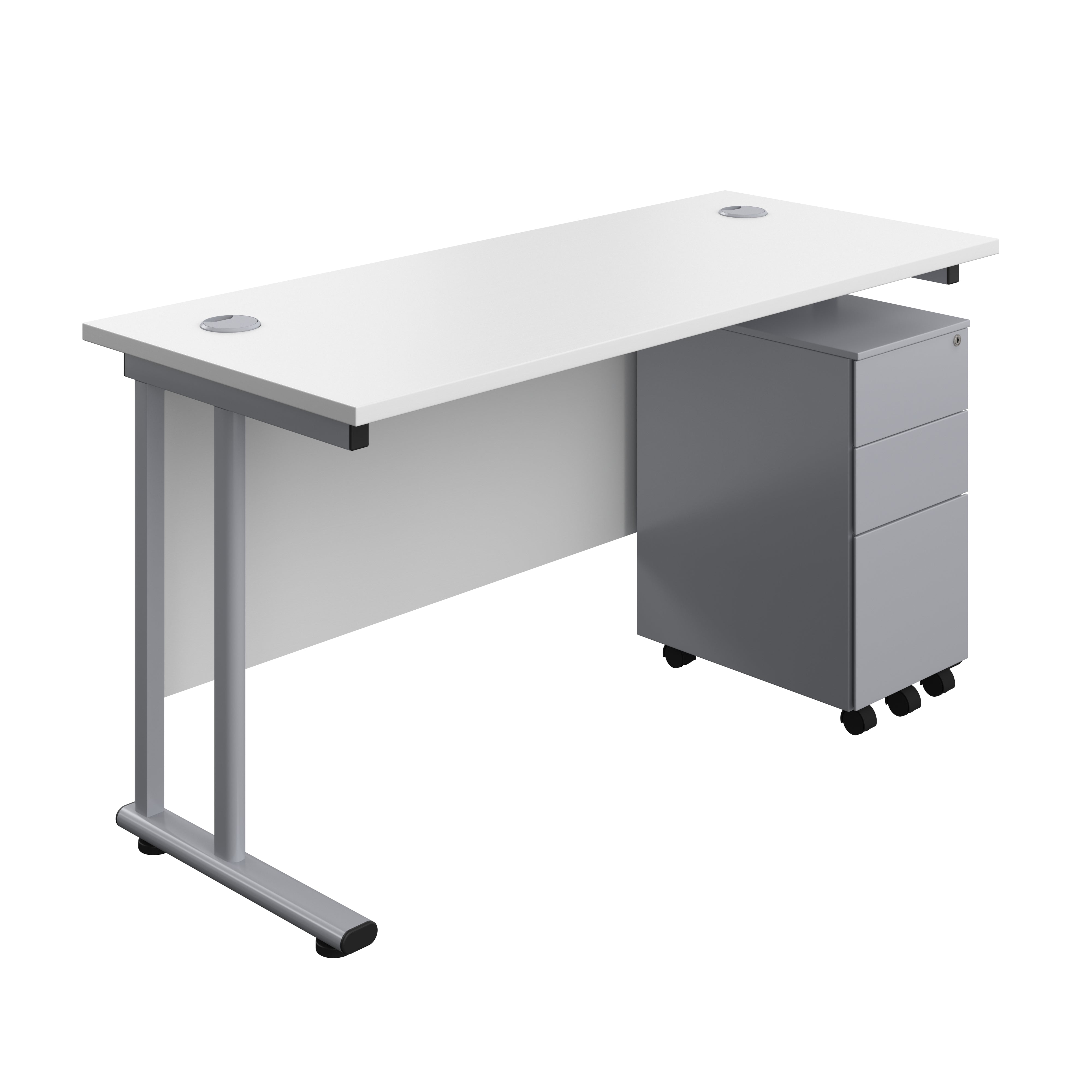 Twin Upright Rectangular Desk + Slimline Steel Pedestal 3 Drawers (FSC) | 1400X600 | White/Silver
