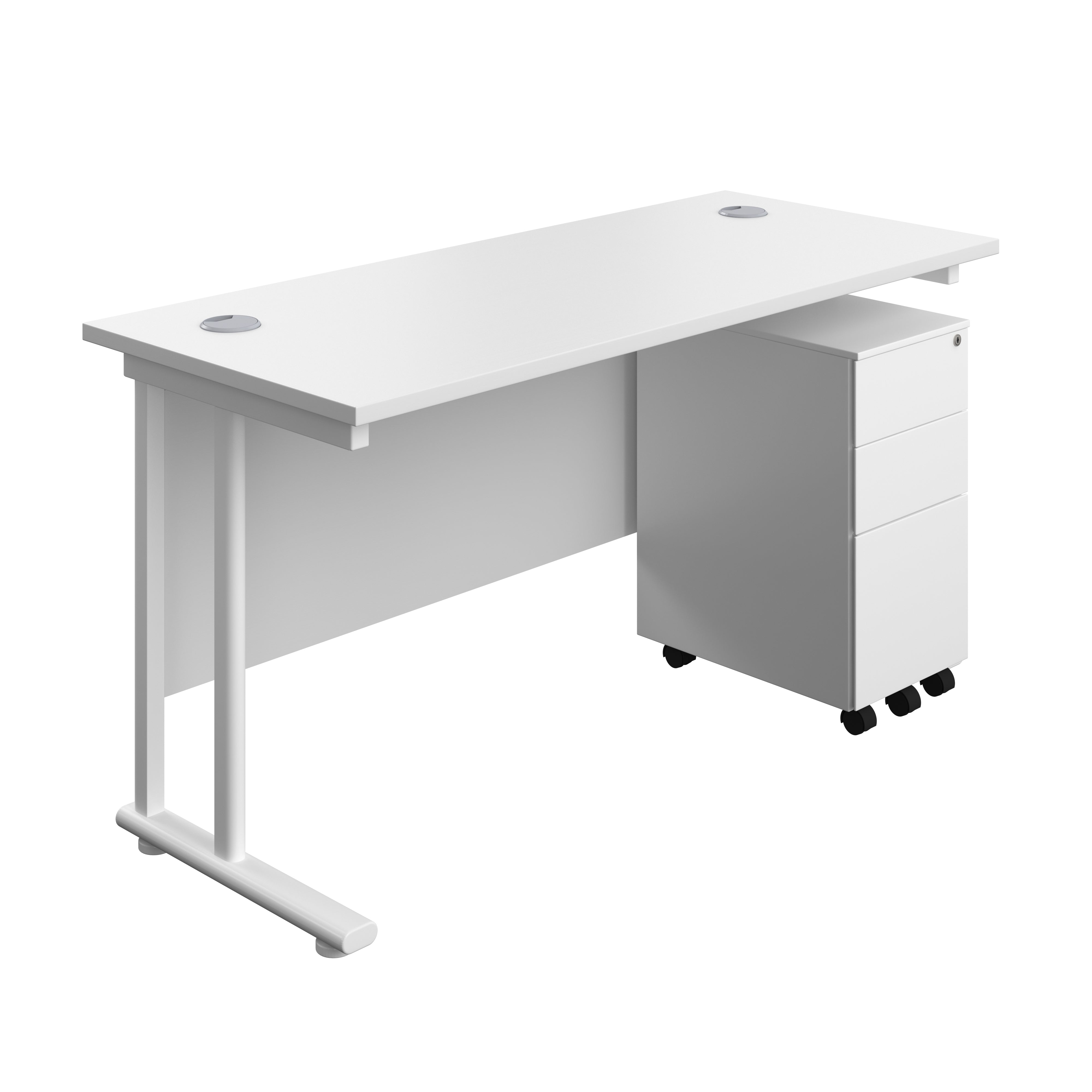Twin Upright Rectangular Desk + Slimline Steel Pedestal 3 Drawers (FSC) | 1400X600 | White/White
