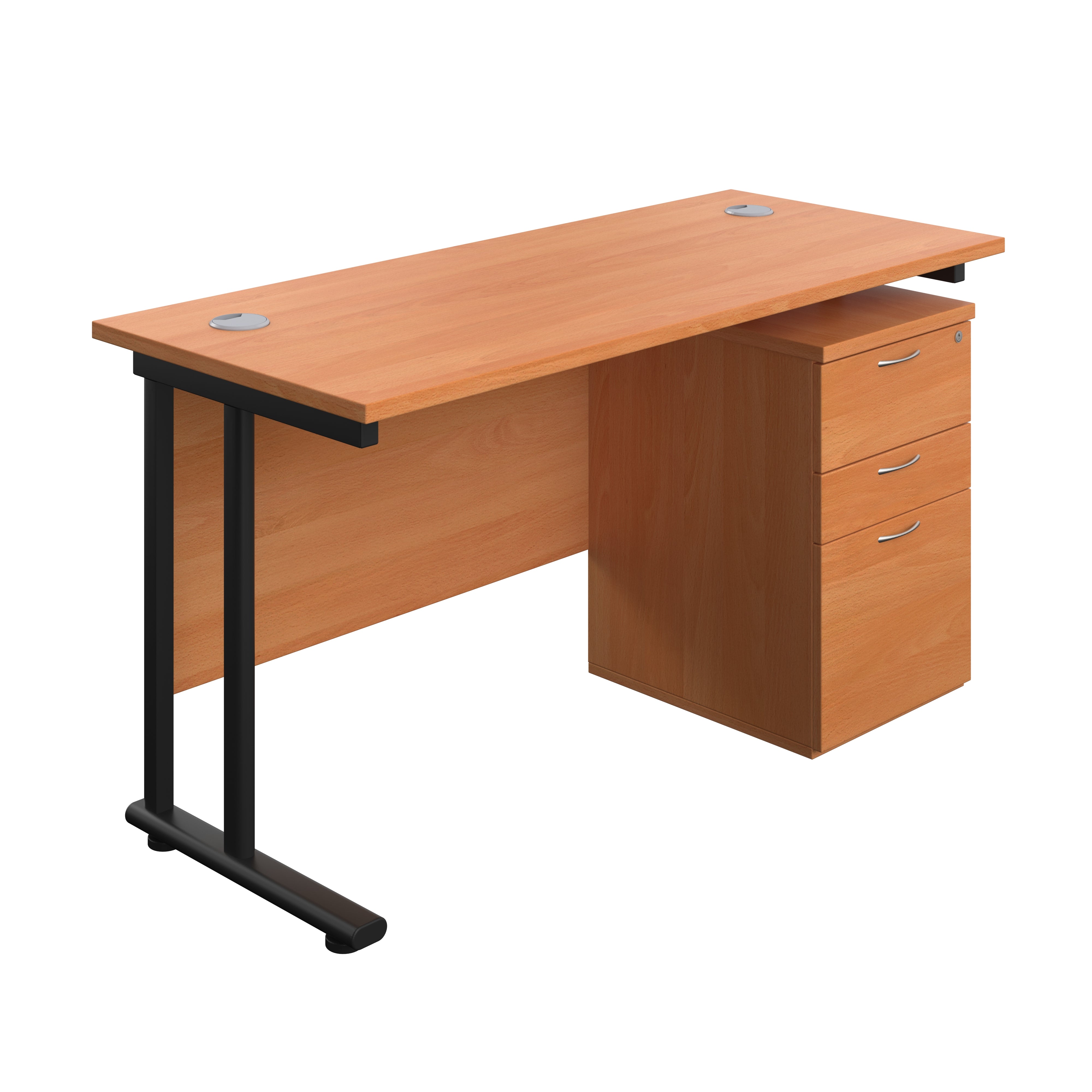 Twin Upright Rectangular Desk + High Mobile Pedestal 3 Drawer (FSC) | 1400X600 | Beech/Black