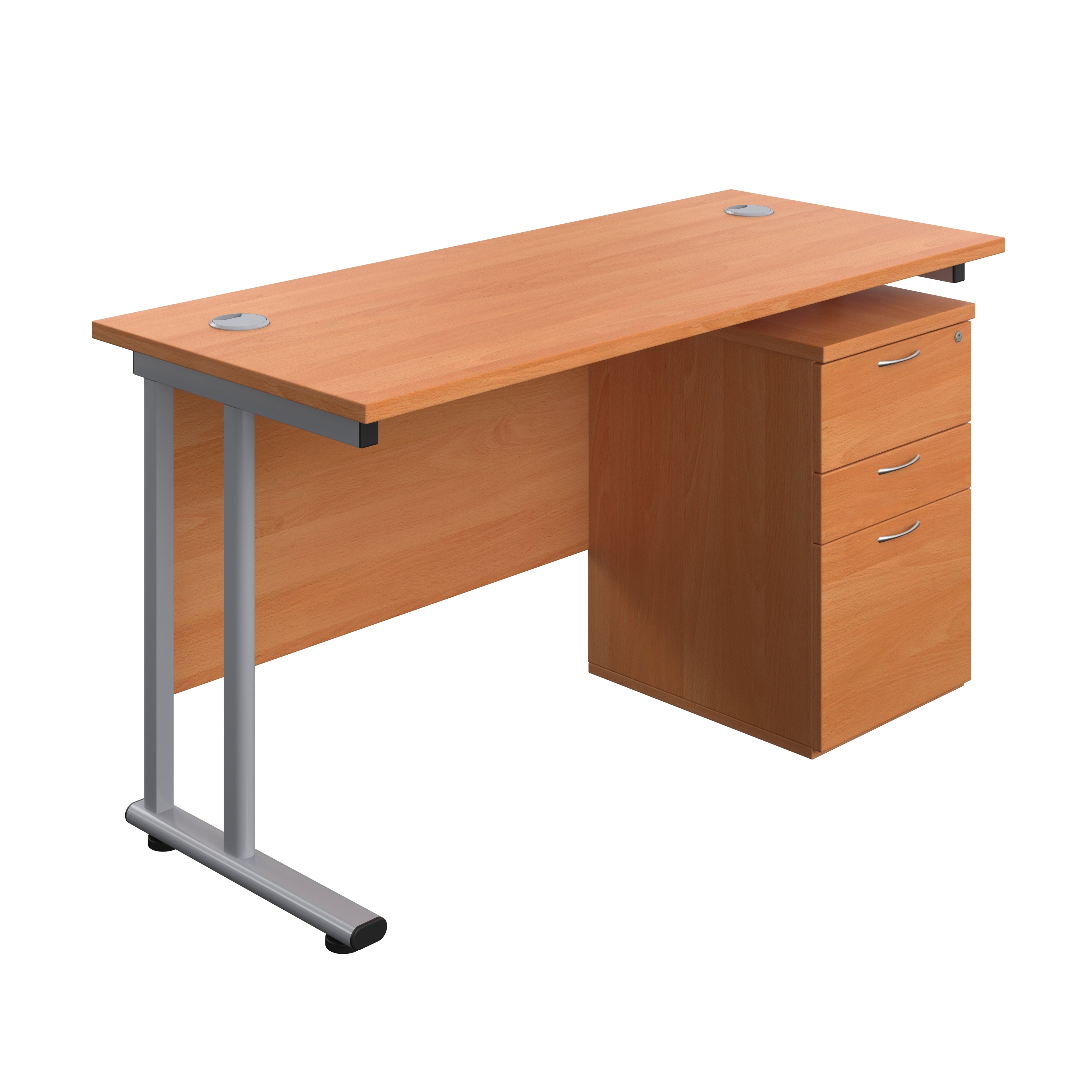 Twin Upright Rectangular Desk + High Mobile Pedestal 3 Drawer (FSC) | 1400X600 | Beech/Silver