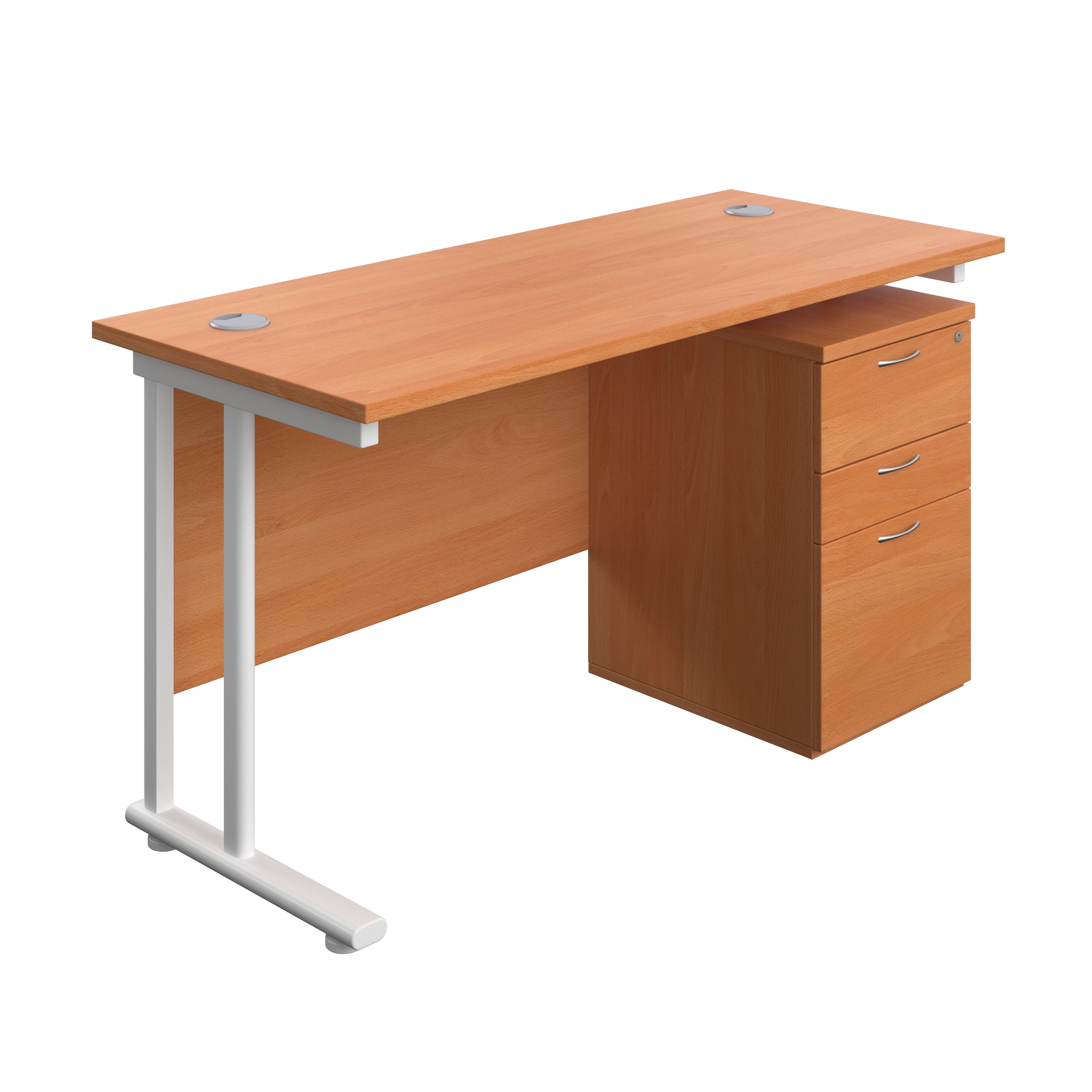 Twin Upright Rectangular Desk + High Mobile Pedestal 3 Drawer (FSC) | 1400X600 | Beech/White