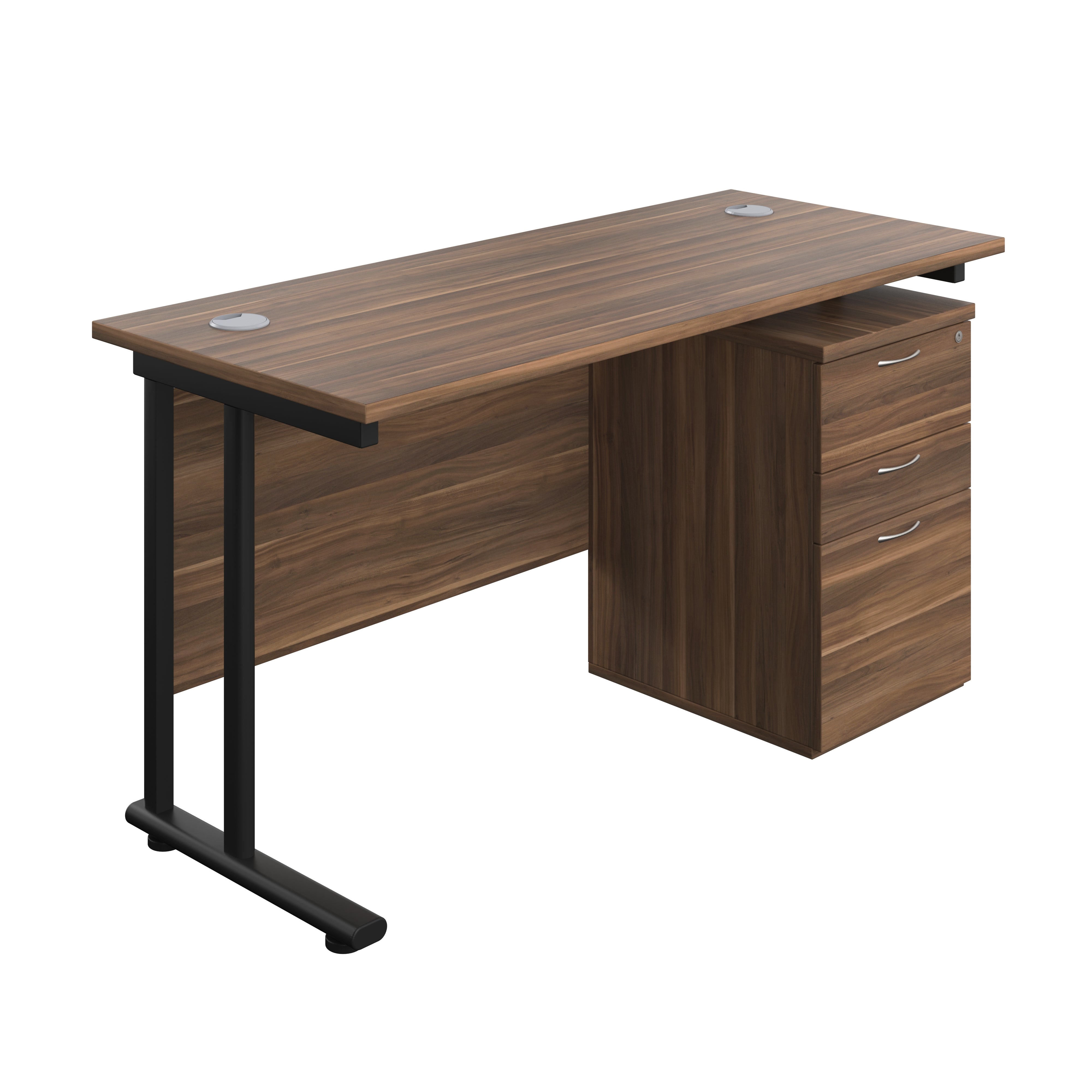 Twin Upright Rectangular Desk + High Mobile Pedestal 3 Drawer (FSC) | 1400X600 | Dark Walnut/Black