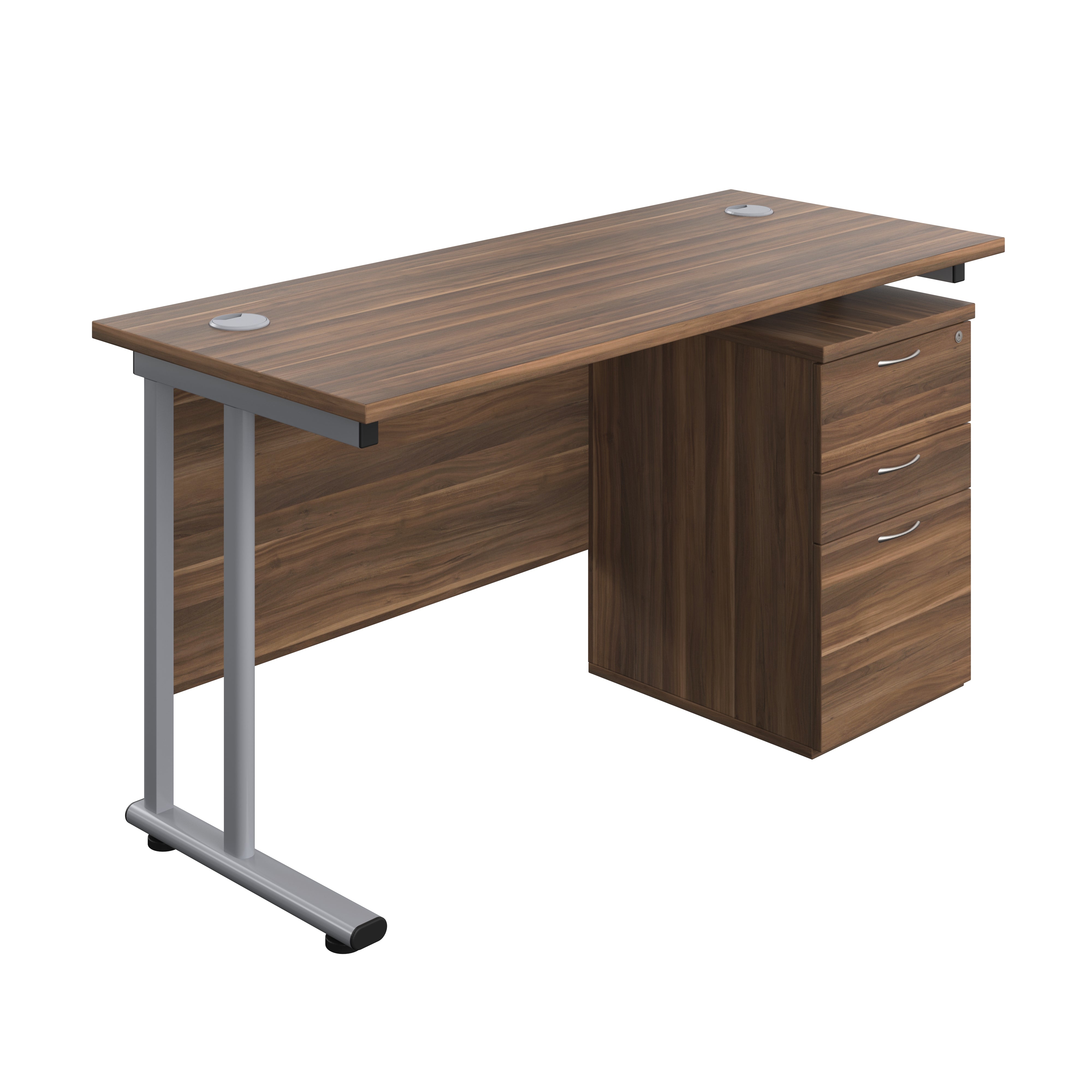 Twin Upright Rectangular Desk + High Mobile Pedestal 3 Drawer (FSC) | 1400X600 | Dark Walnut/Silver
