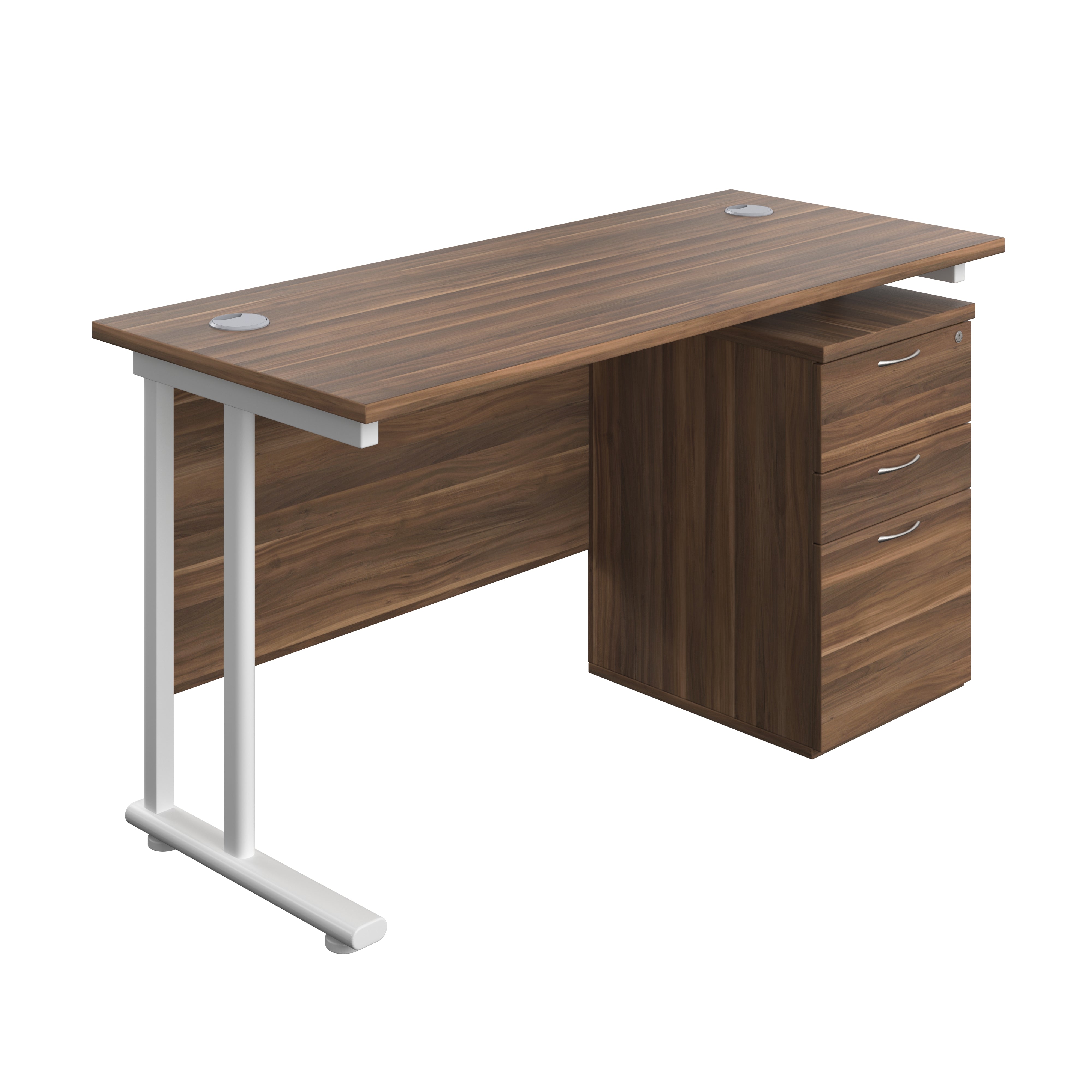 Twin Upright Rectangular Desk + High Mobile Pedestal 3 Drawer (FSC) | 1400X600 | Dark Walnut/White