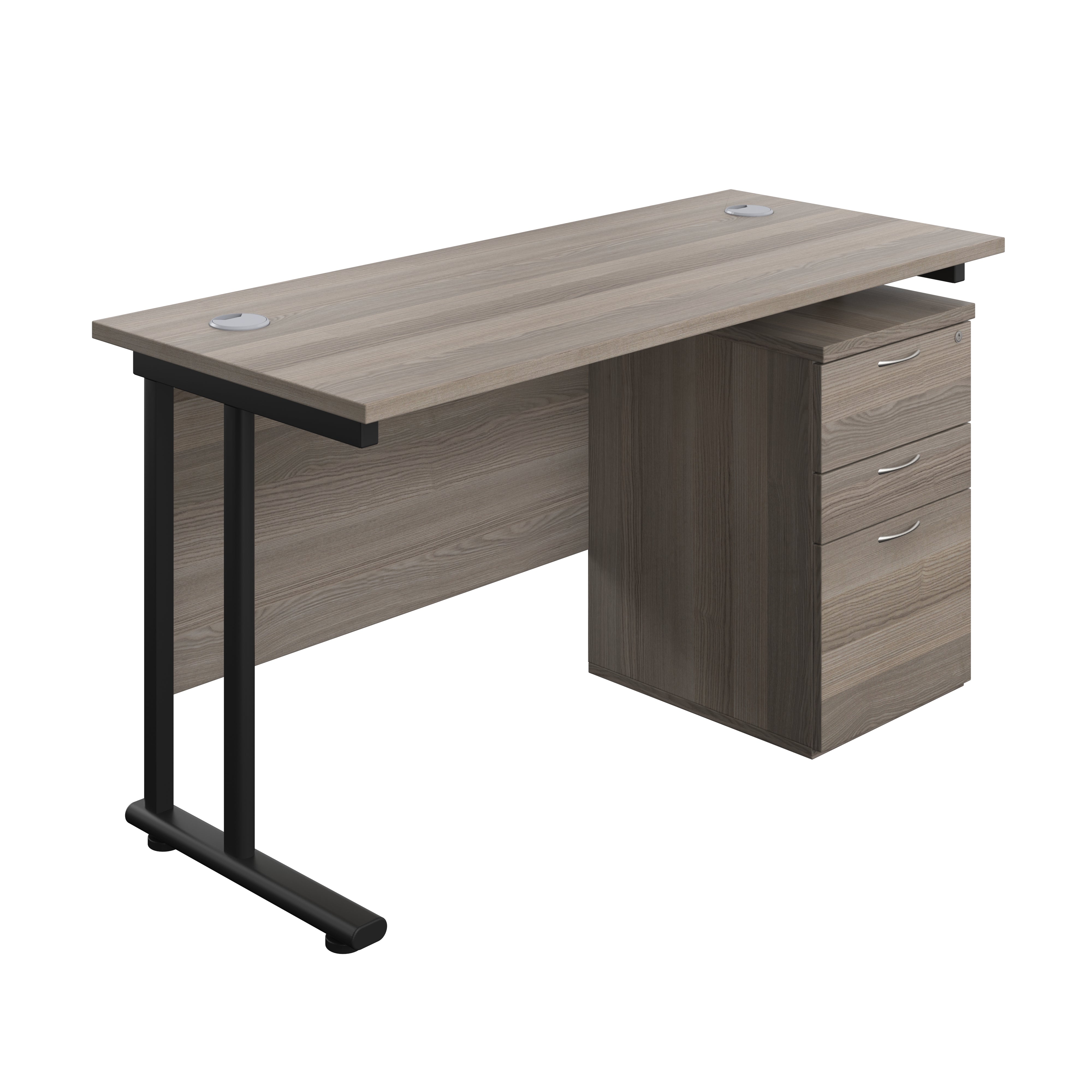 Twin Upright Rectangular Desk + High Mobile Pedestal 3 Drawer (FSC) | 1400X600 | Grey Oak/Black