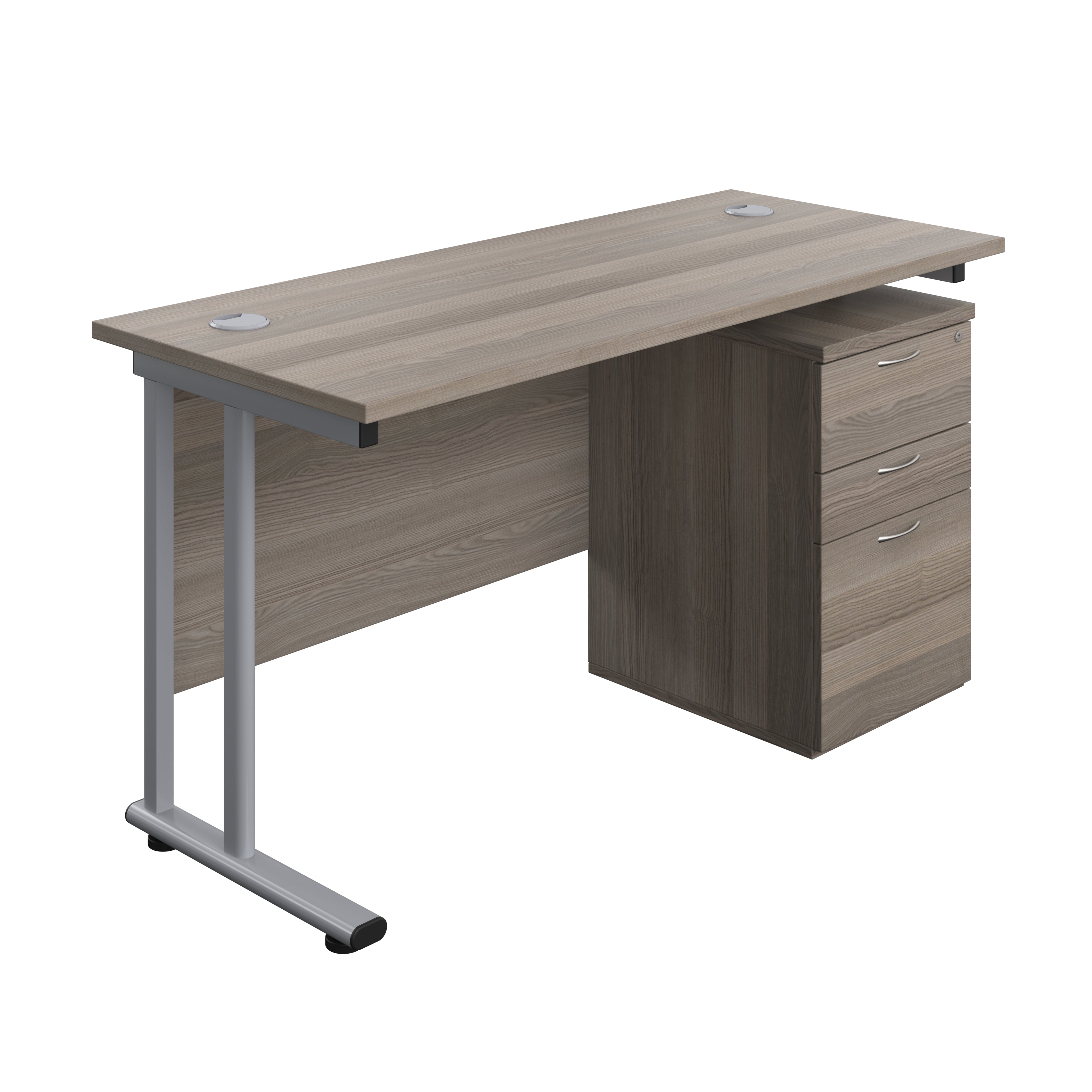 Twin Upright Rectangular Desk + High Mobile Pedestal 3 Drawer (FSC) | 1400X600 | Grey Oak/Silver