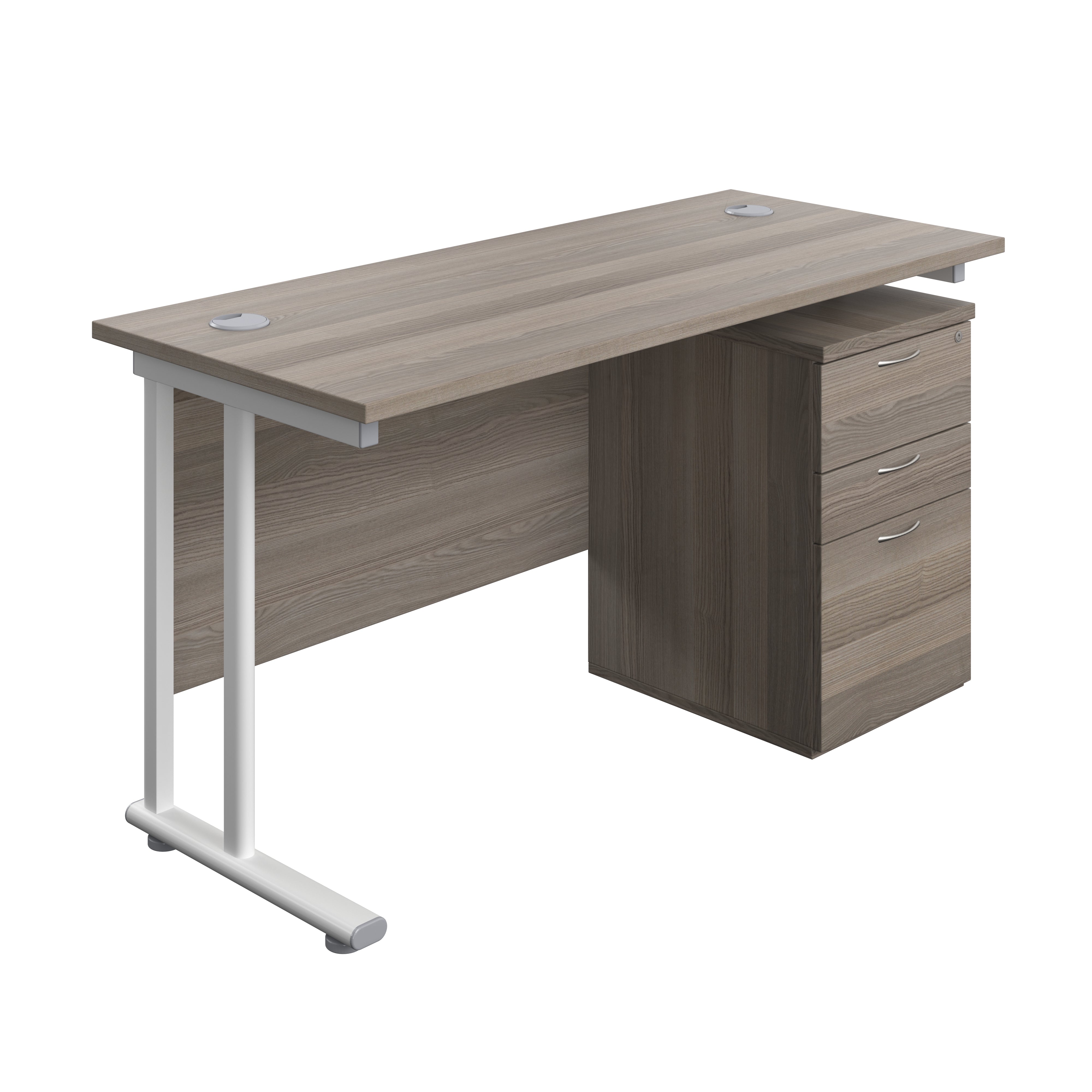 Twin Upright Rectangular Desk + High Mobile Pedestal 3 Drawer (FSC) | 1400X600 | Grey Oak/White