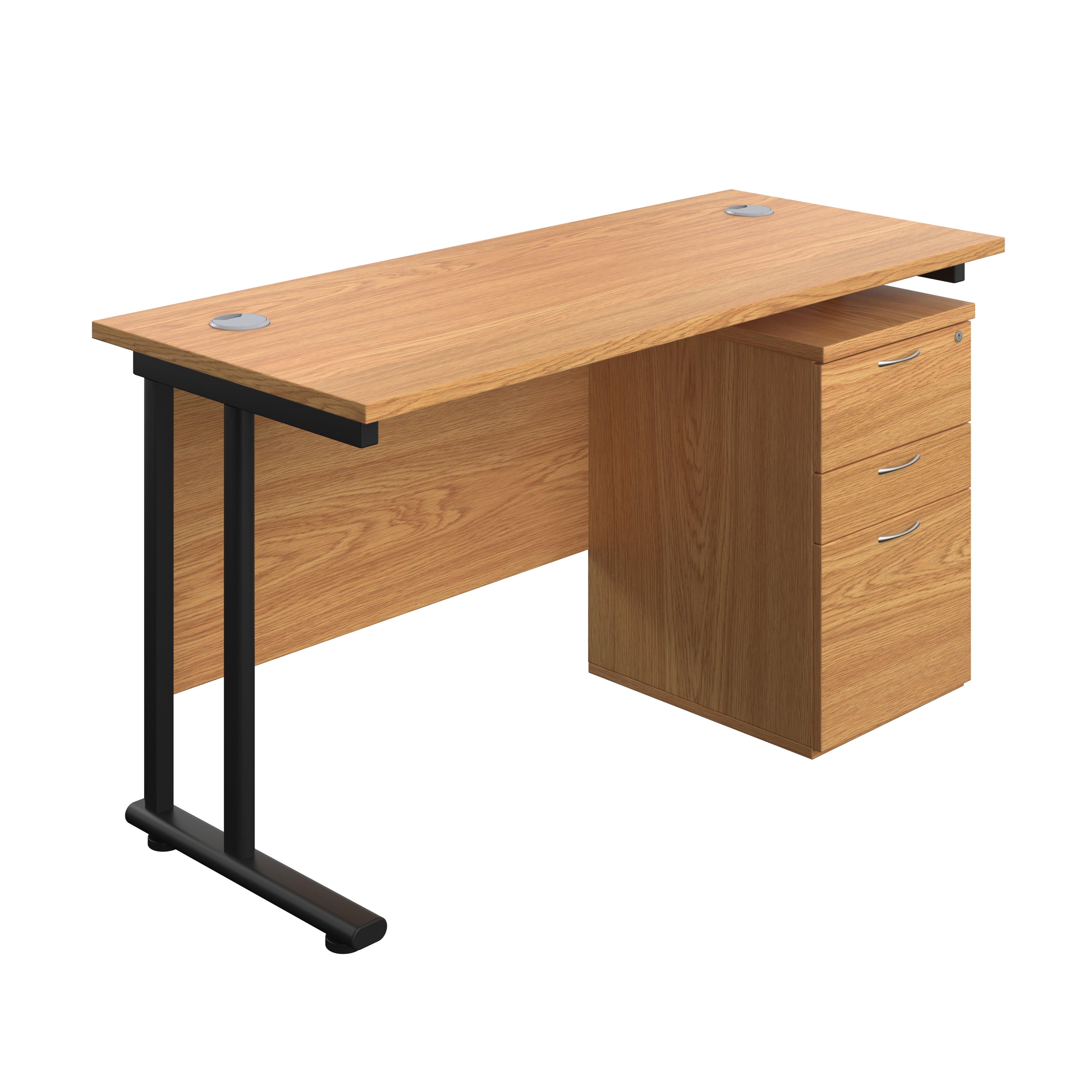 Twin Upright Rectangular Desk + High Mobile Pedestal 3 Drawer (FSC) | 1400X600 | Nova Oak/Black