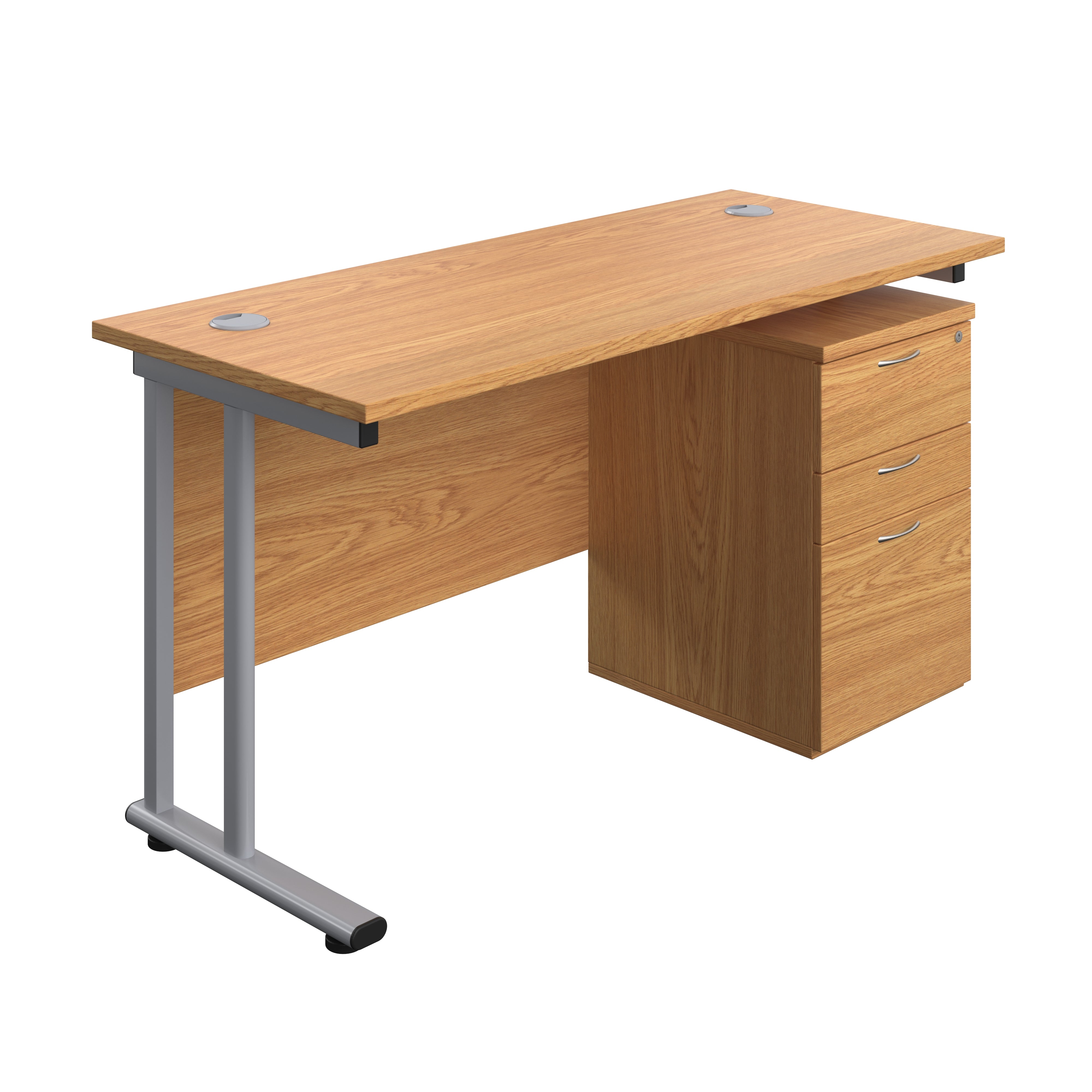 Twin Upright Rectangular Desk + High Mobile Pedestal 3 Drawer (FSC) | 1400X600 | Nova Oak/Silver