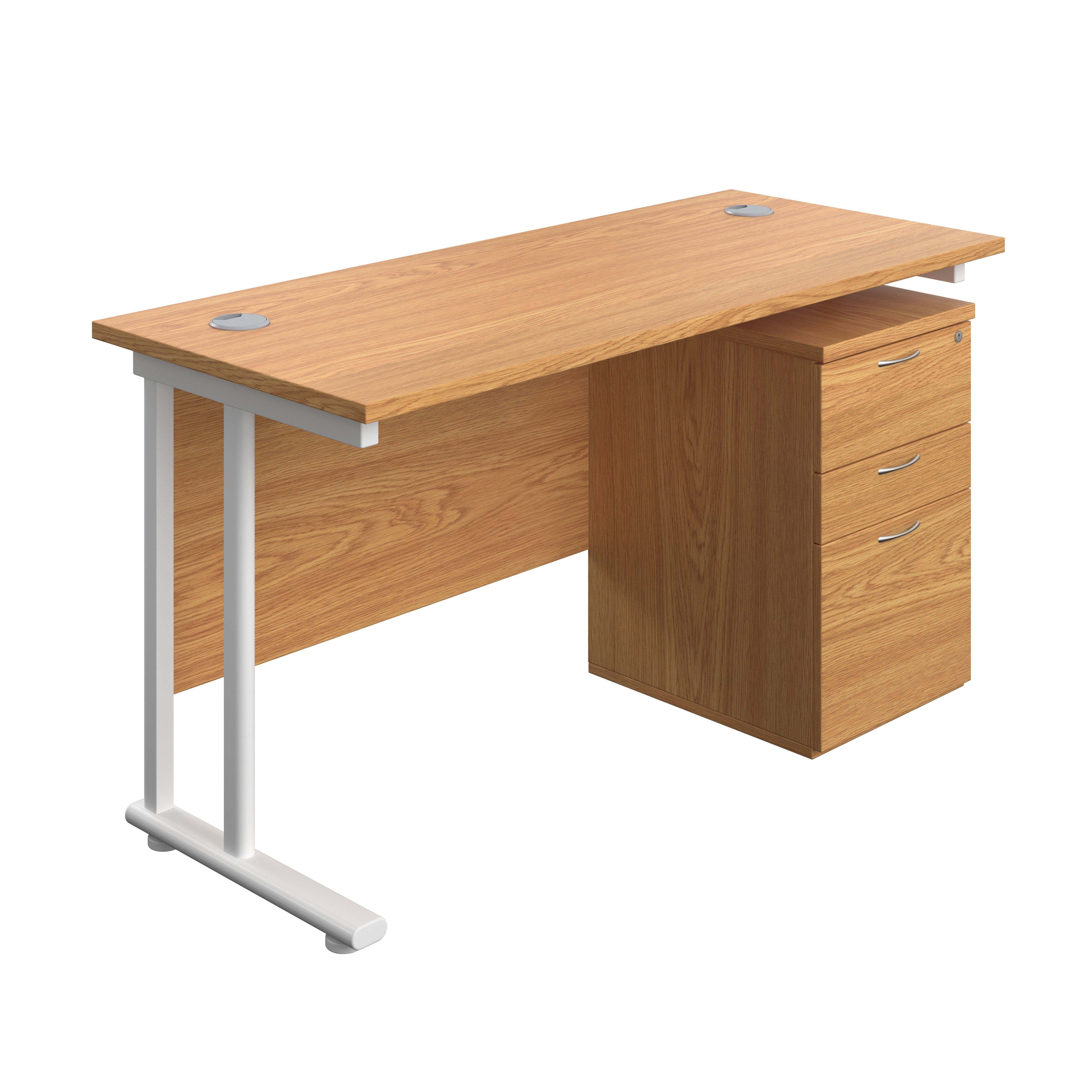 Twin Upright Rectangular Desk + High Mobile Pedestal 3 Drawer (FSC) | 1400X600 | Nova Oak/White