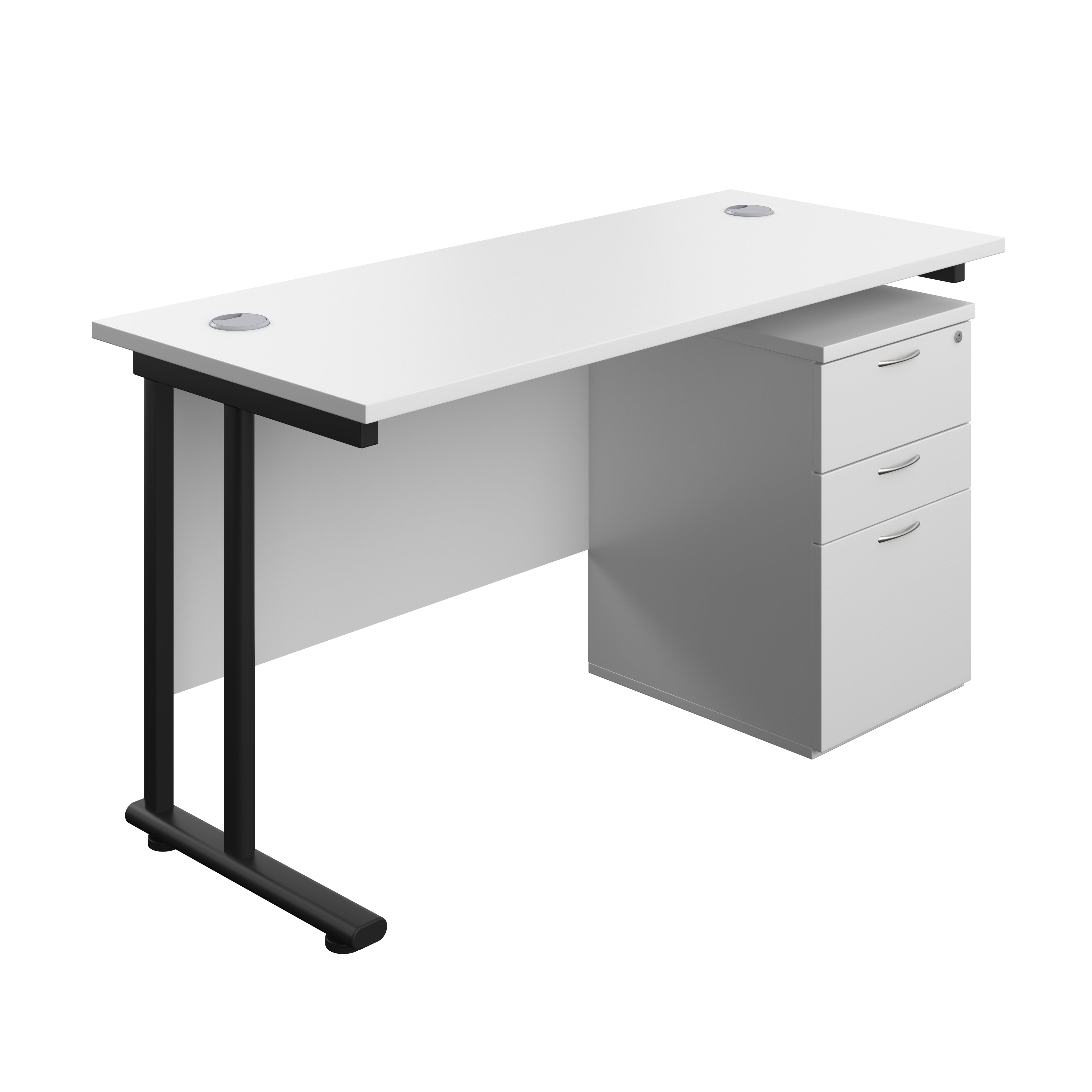 Twin Upright Rectangular Desk + High Mobile Pedestal 3 Drawer (FSC) | 1400X600 | White/Black