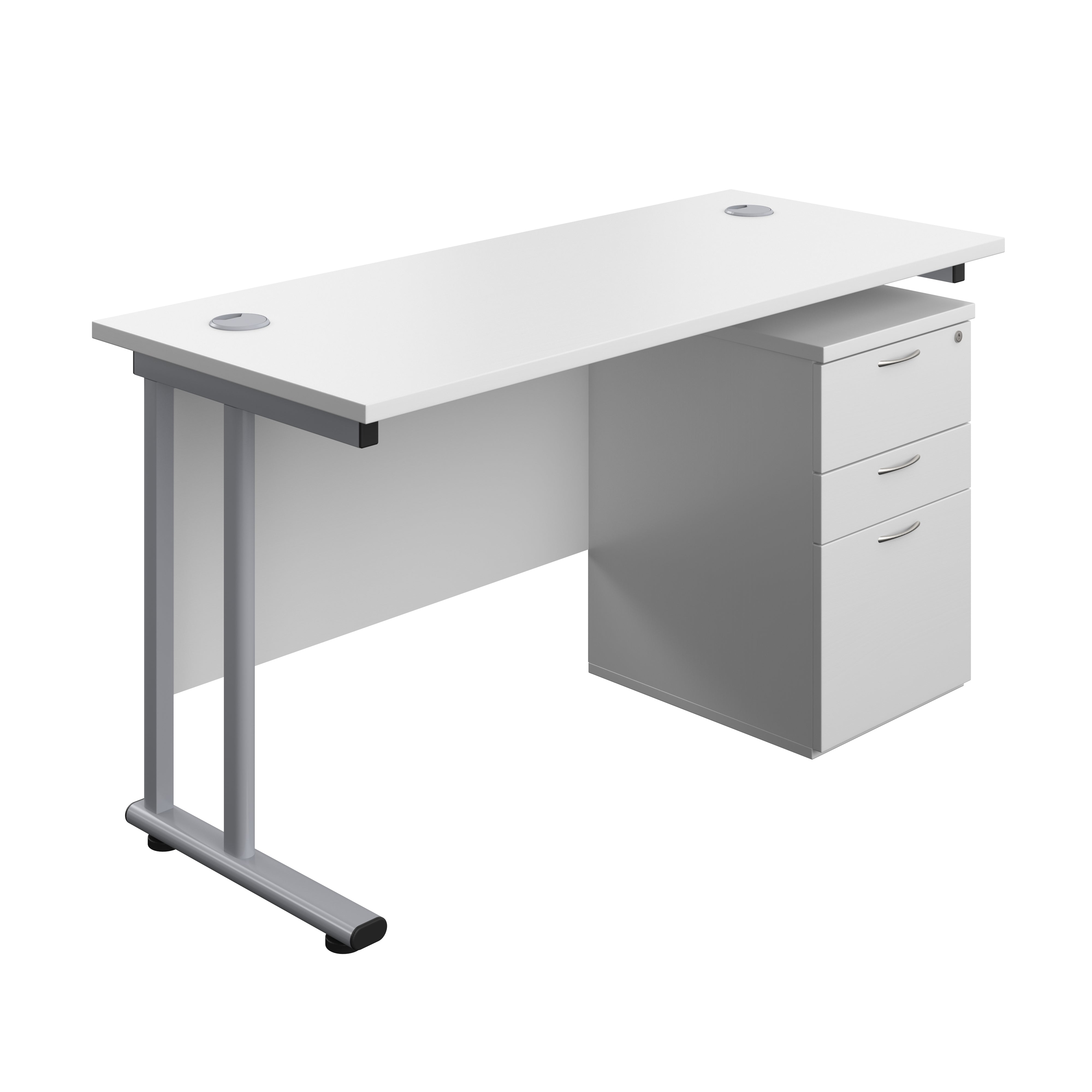 Twin Upright Rectangular Desk + High Mobile Pedestal 3 Drawer (FSC) | 1400X600 | White/Silver