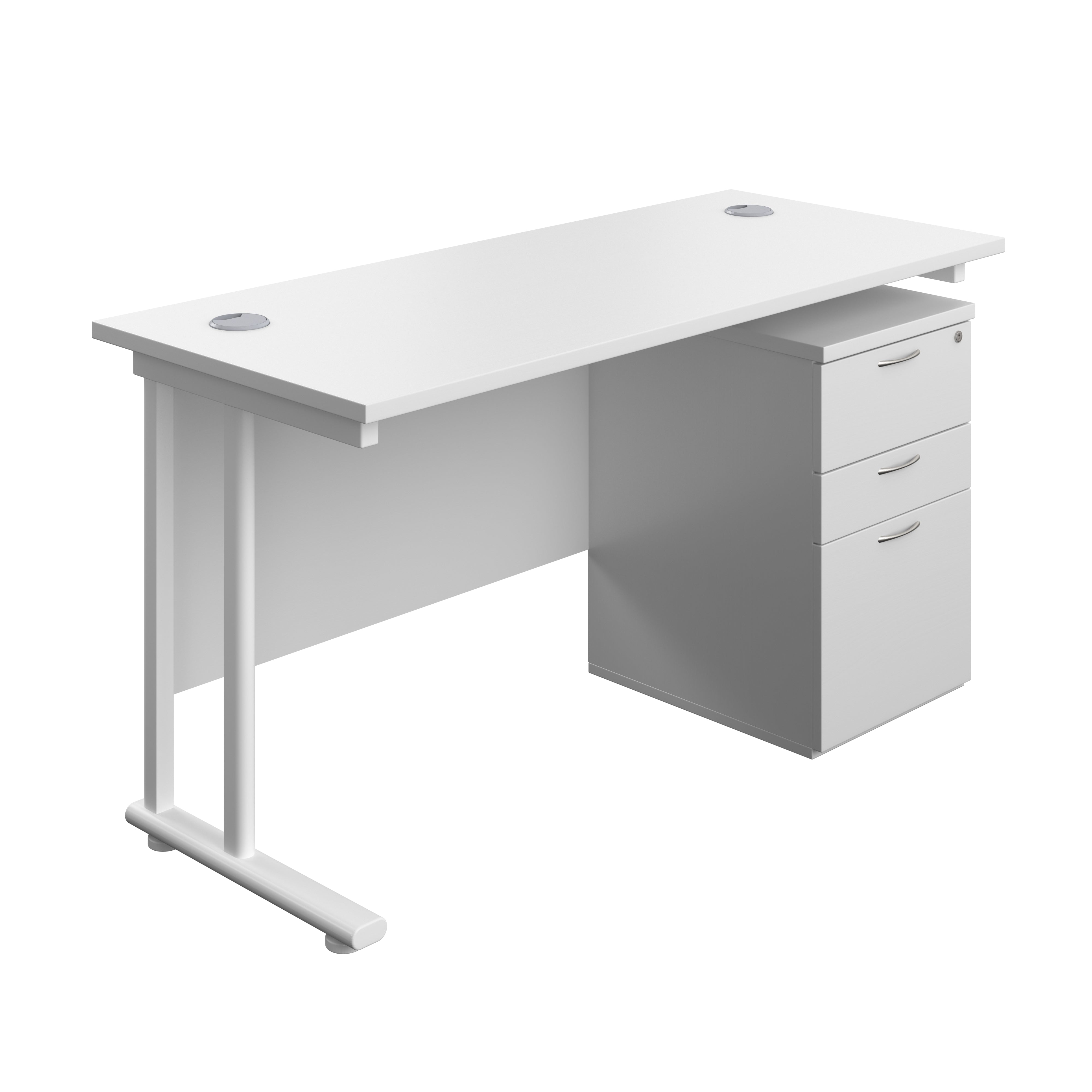 Twin Upright Rectangular Desk + High Mobile Pedestal 3 Drawer (FSC) | 1400X600 | White/White