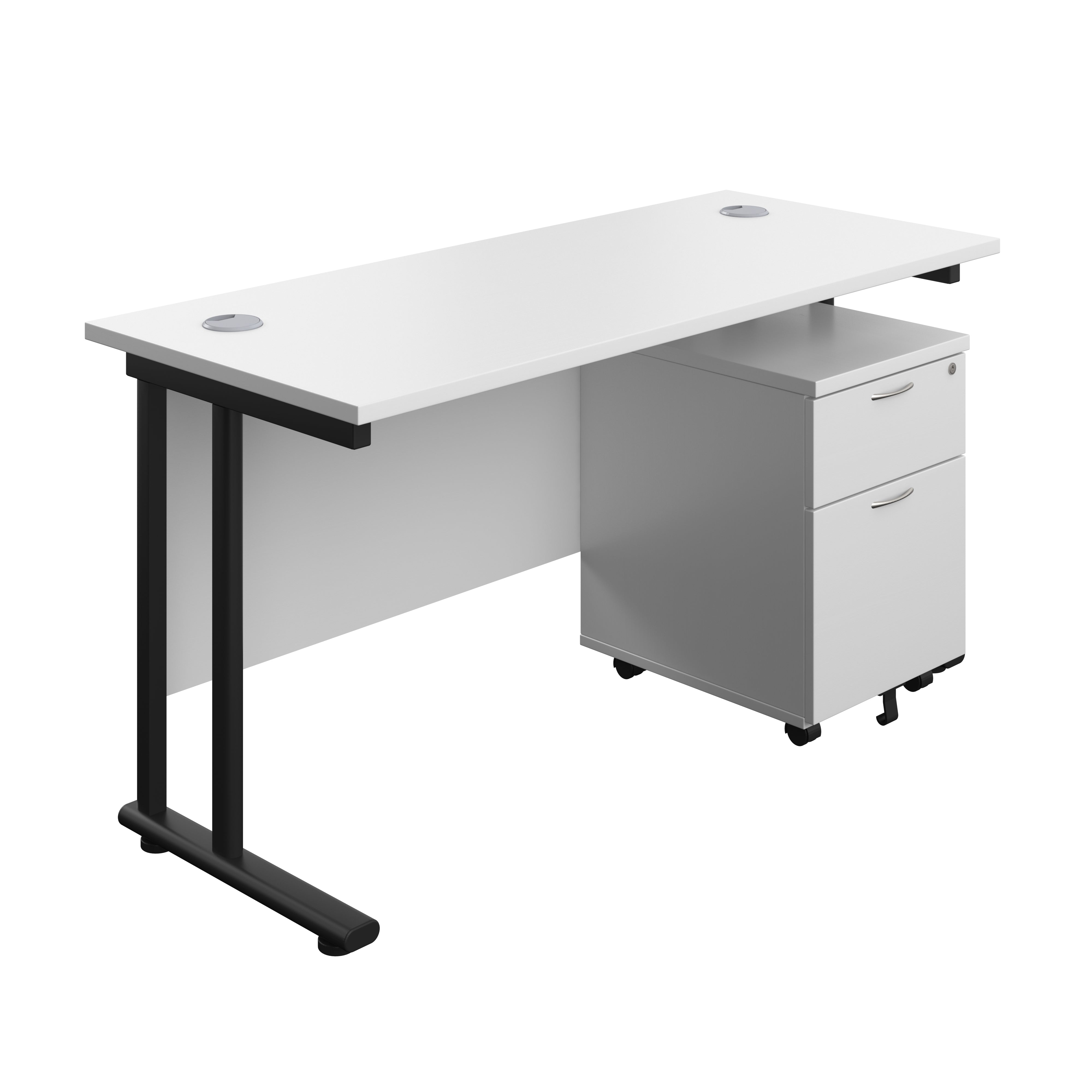 Twin Upright Rectangular Desk + Mobile 2 Drawer Pedestal (FSC) | 1400X600 | White/Black