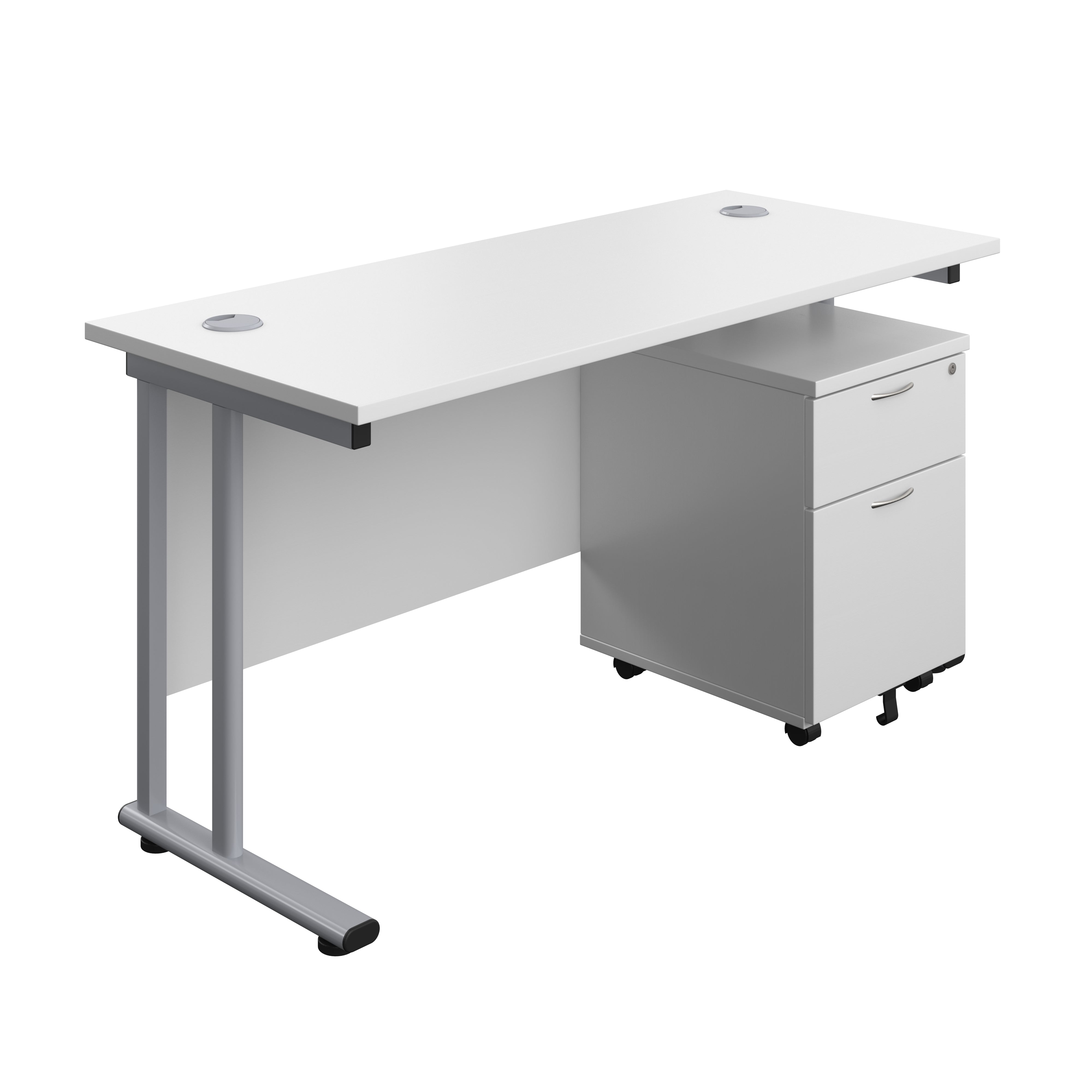 Twin Upright Rectangular Desk + Mobile 2 Drawer Pedestal (FSC) | 1400X600 | White/Silver