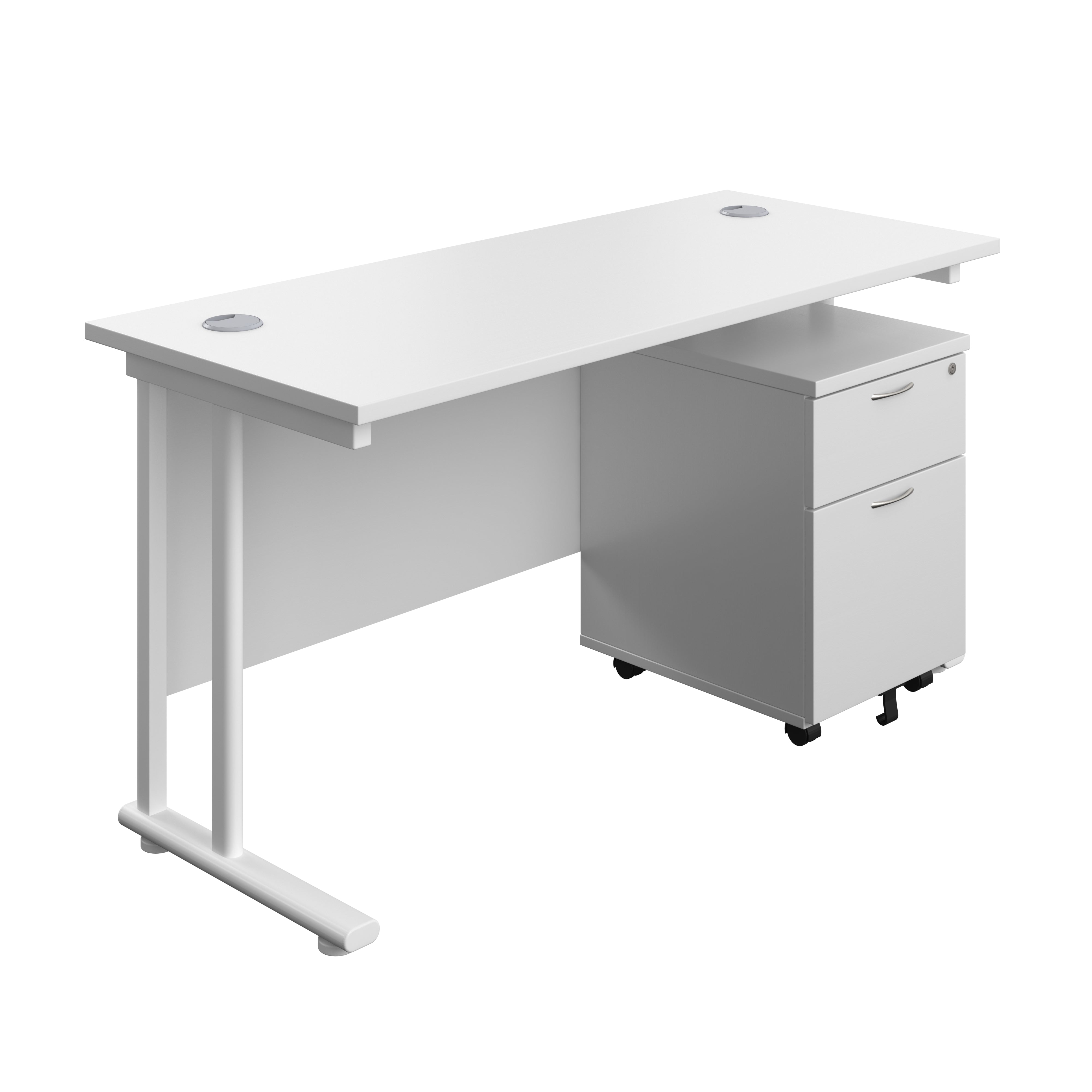 Twin Upright Rectangular Desk + Mobile 2 Drawer Pedestal (FSC) | 1400X600 | White/White