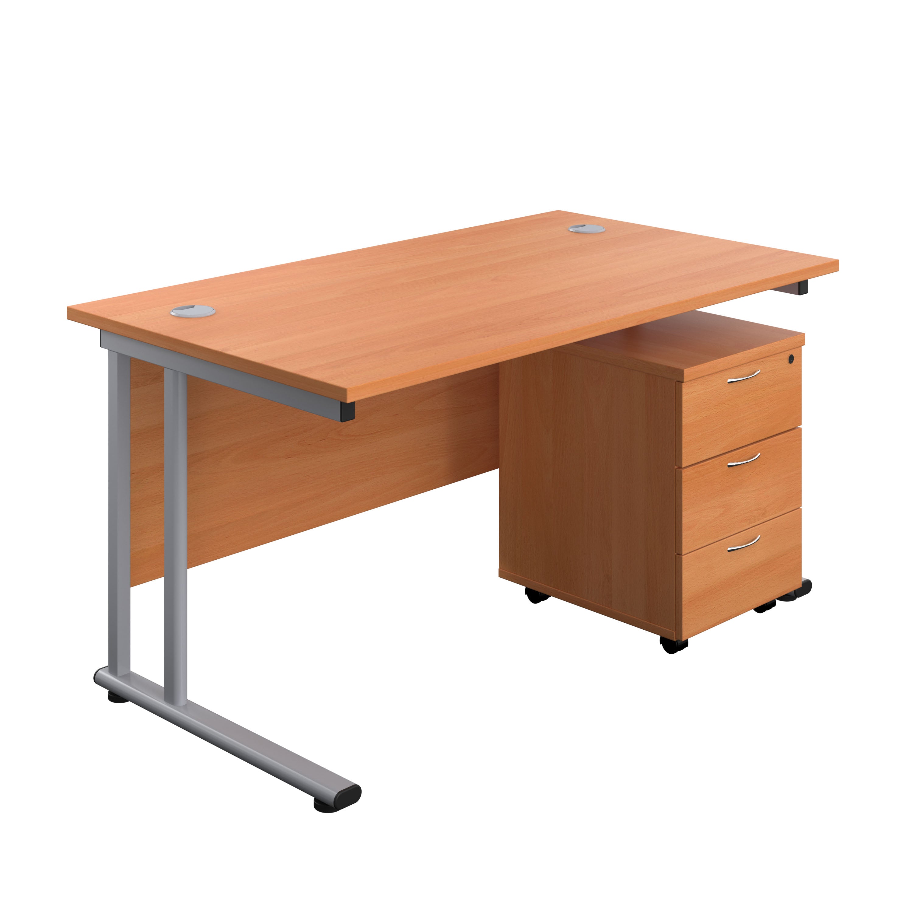 Twin Upright Rectangular Desk + Mobile 3 Drawer Pedestal (FSC) | 1400X800 | Beech/Silver