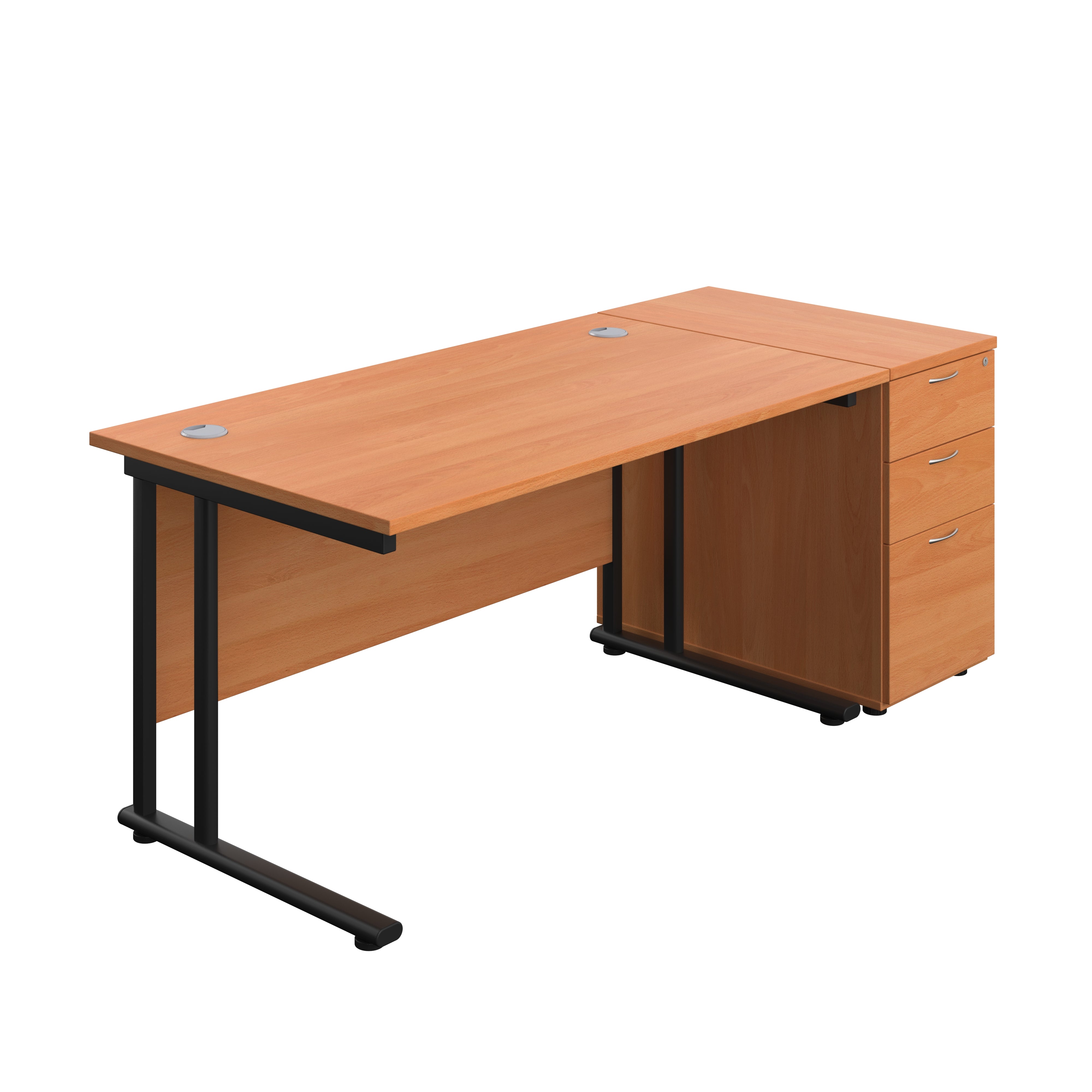 Twin Upright Rectangular Desk + Desk High 3 Drawer Pedestal (FSC) | 1400X800 | Beech/Black