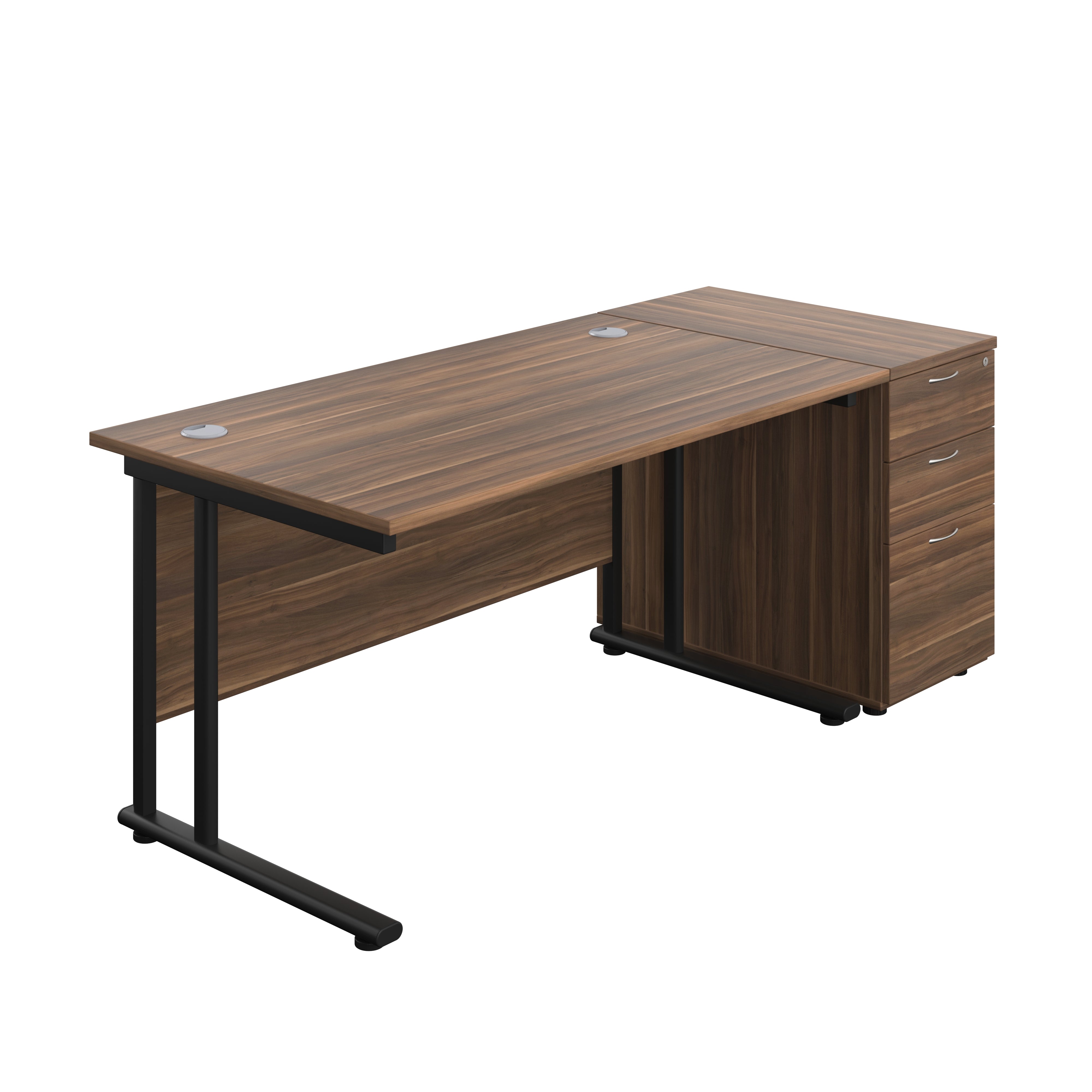 Twin Upright Rectangular Desk + Desk High 3 Drawer Pedestal (FSC) | 1400X800 | Dark Walnut/Black