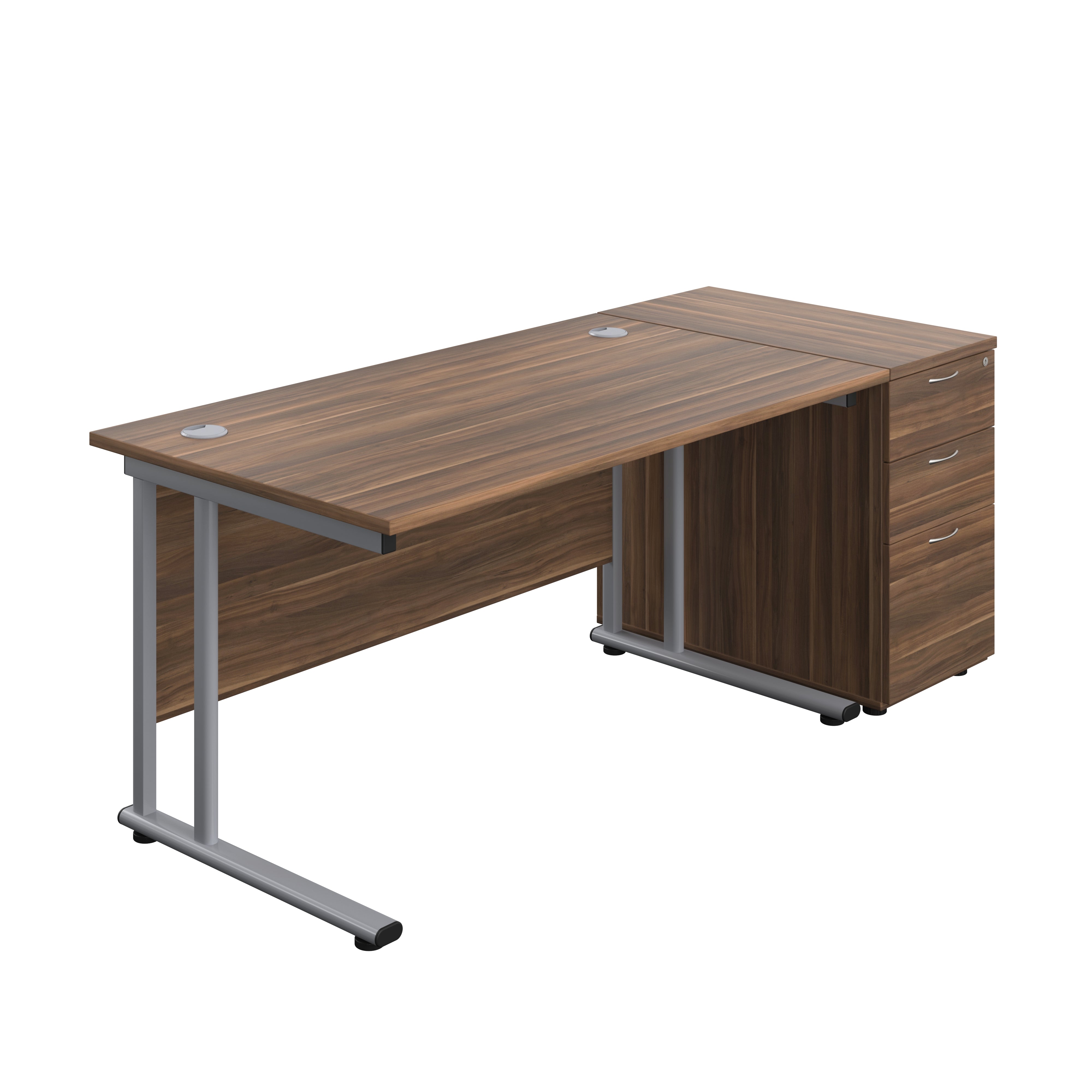 Twin Upright Rectangular Desk + Desk High 3 Drawer Pedestal (FSC) | 1400X800 | Dark Walnut/Silver