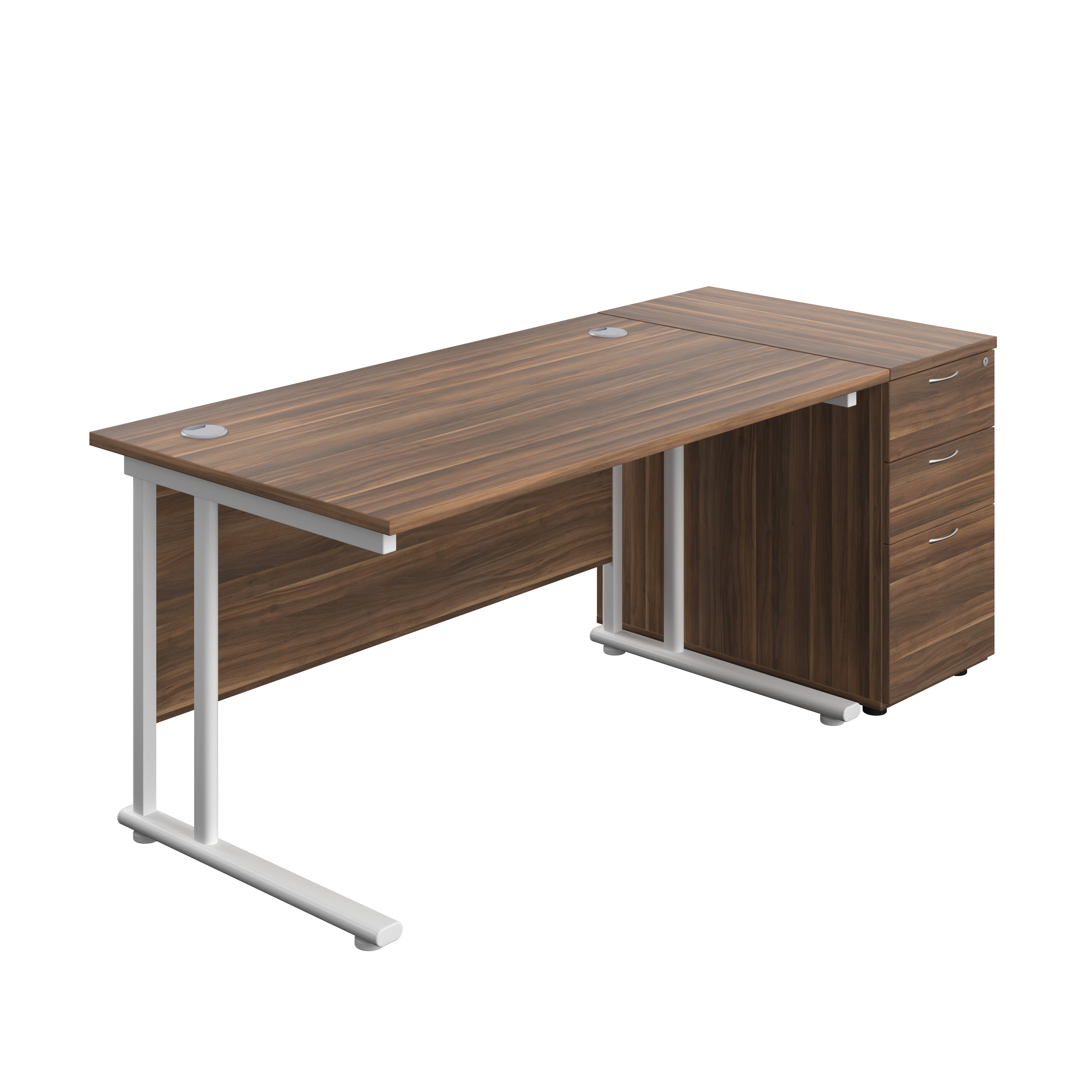 Twin Upright Rectangular Desk + Desk High 3 Drawer Pedestal (FSC) | 1400X800 | Dark Walnut/White