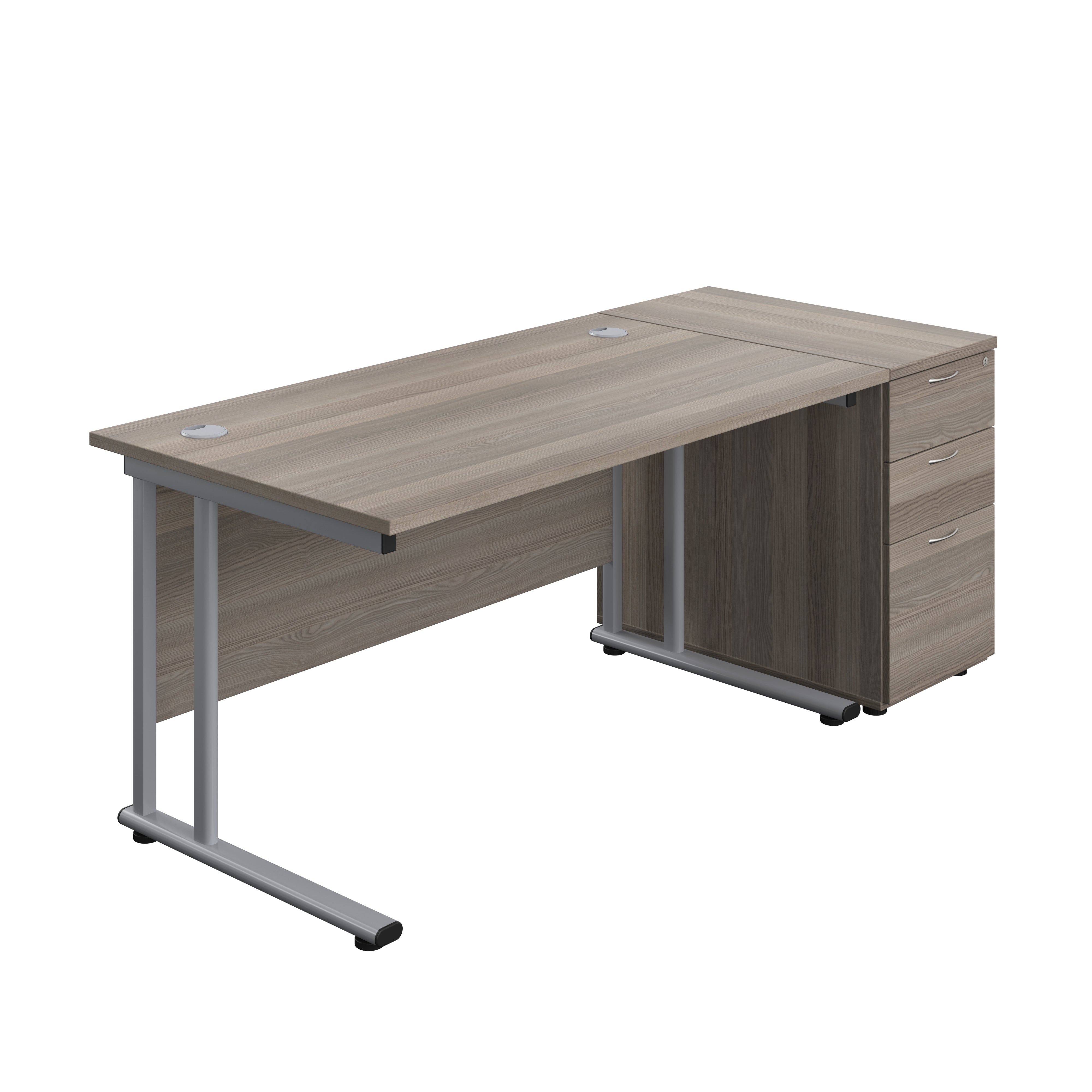 Twin Upright Rectangular Desk + Desk High 3 Drawer Pedestal (FSC) | 1400X800 | Grey Oak/Silver
