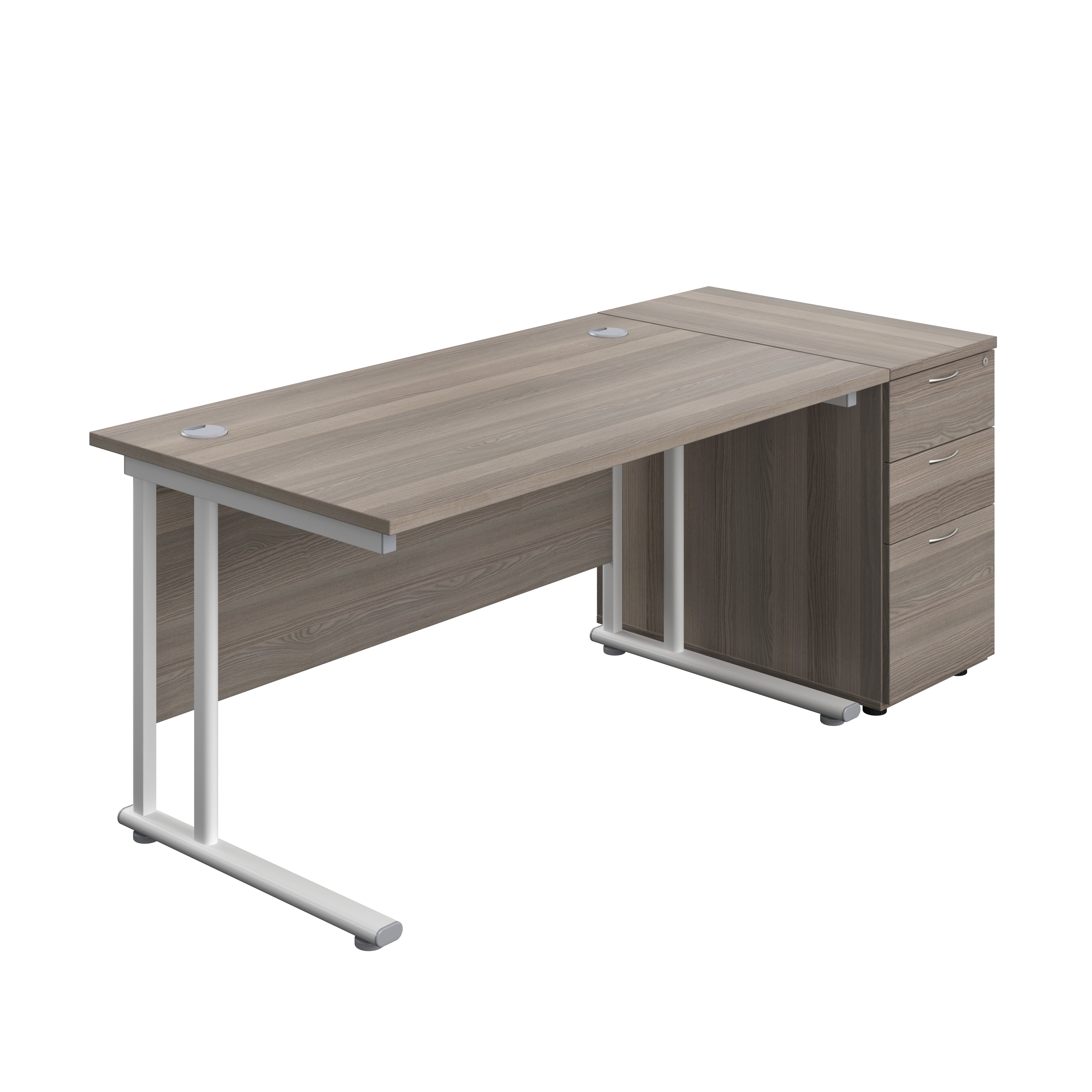 Twin Upright Rectangular Desk + Desk High 3 Drawer Pedestal (FSC) | 1400X800 | Grey Oak/White
