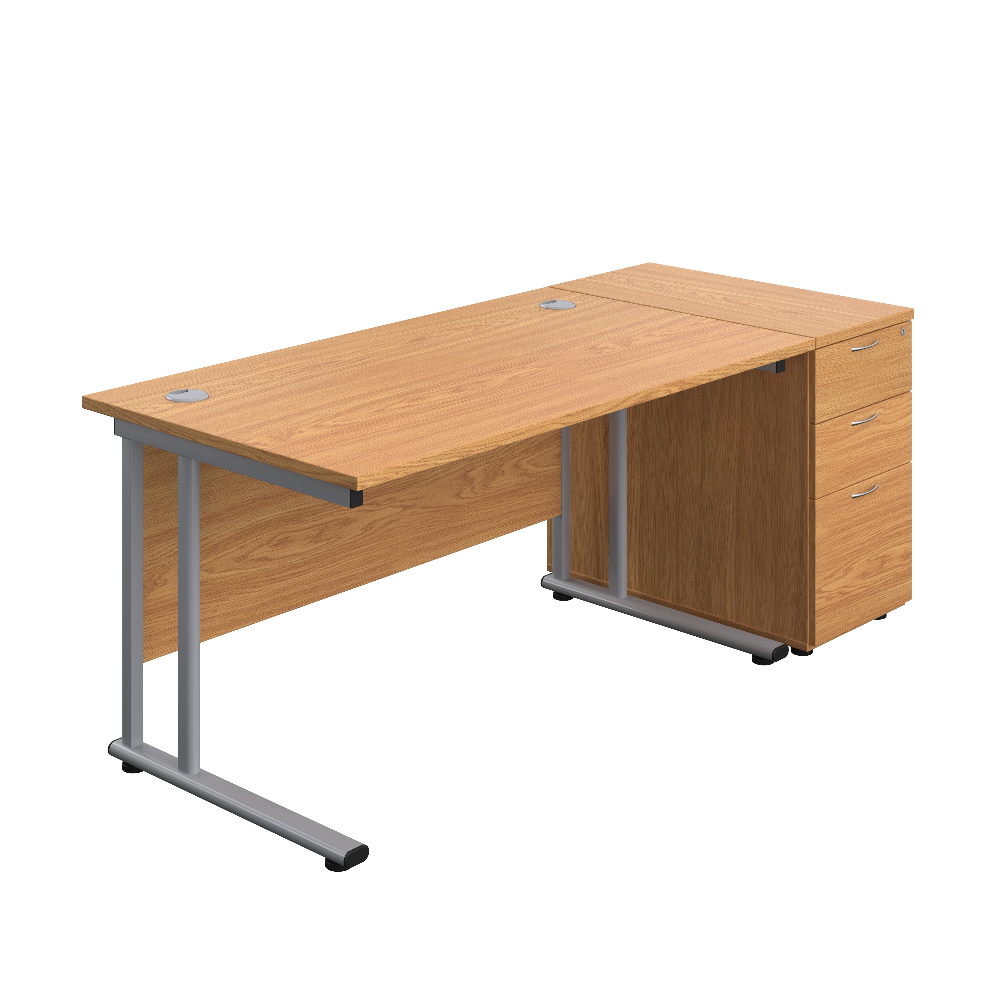 Twin Upright Rectangular Desk + Desk High 3 Drawer Pedestal (FSC) | 1400X800 | Nova Oak/Silver