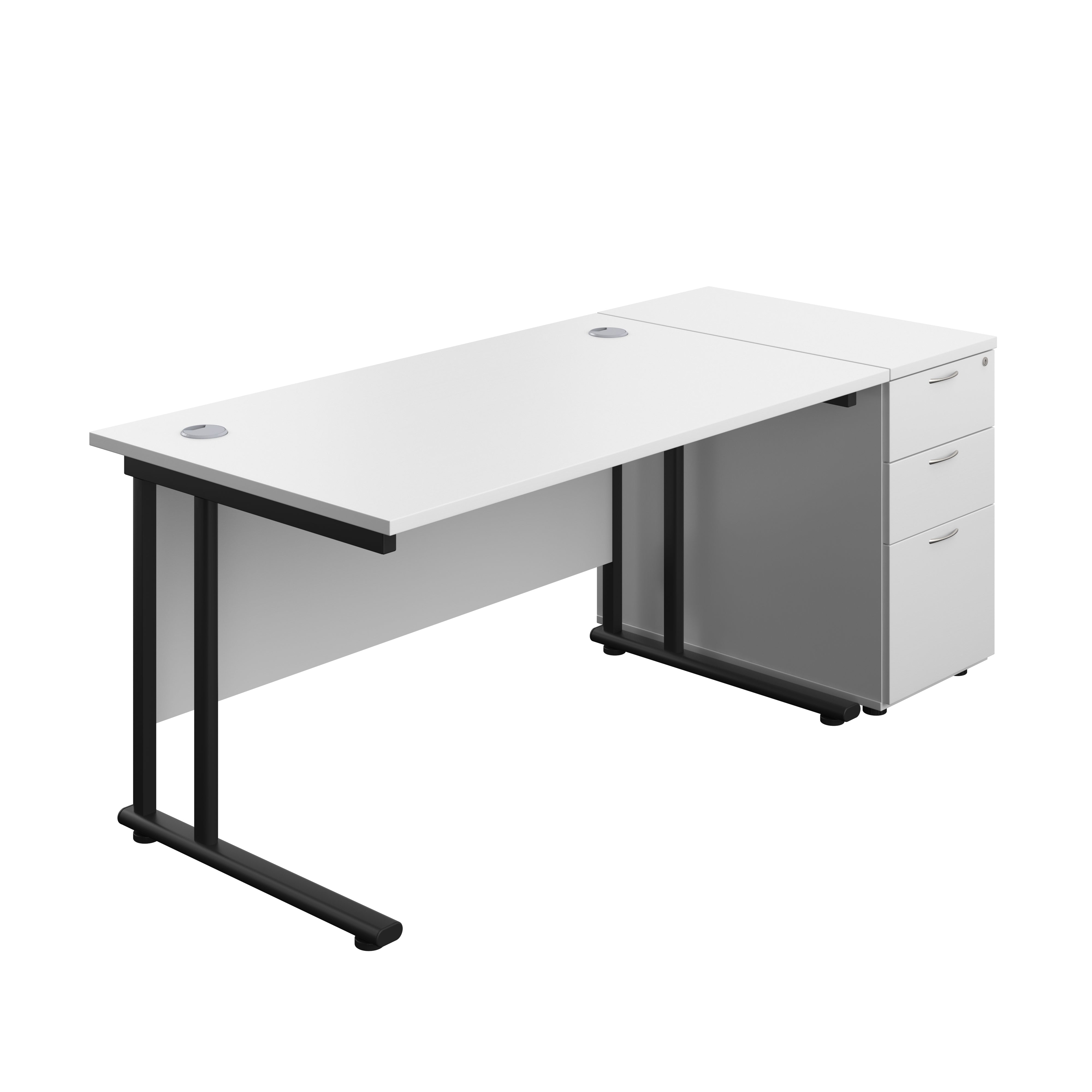 Twin Upright Rectangular Desk + Desk High 3 Drawer Pedestal (FSC) | 1400X800 | White/Black