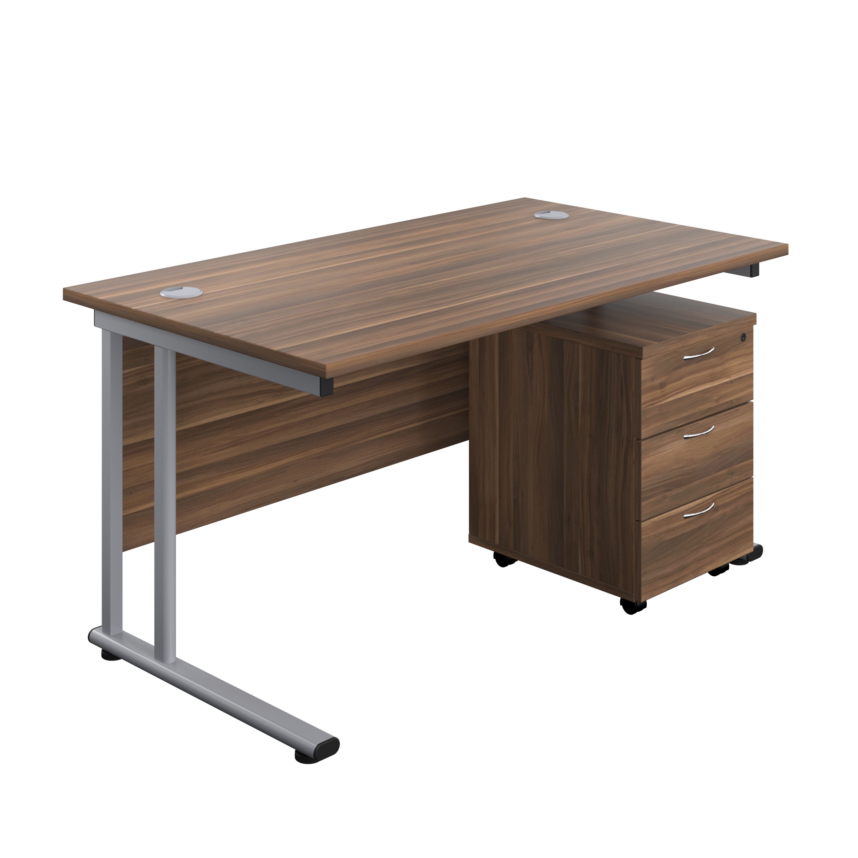 Twin Upright Rectangular Desk + Mobile 3 Drawer Pedestal (FSC) | 1400X800 | Dark Walnut/Silver