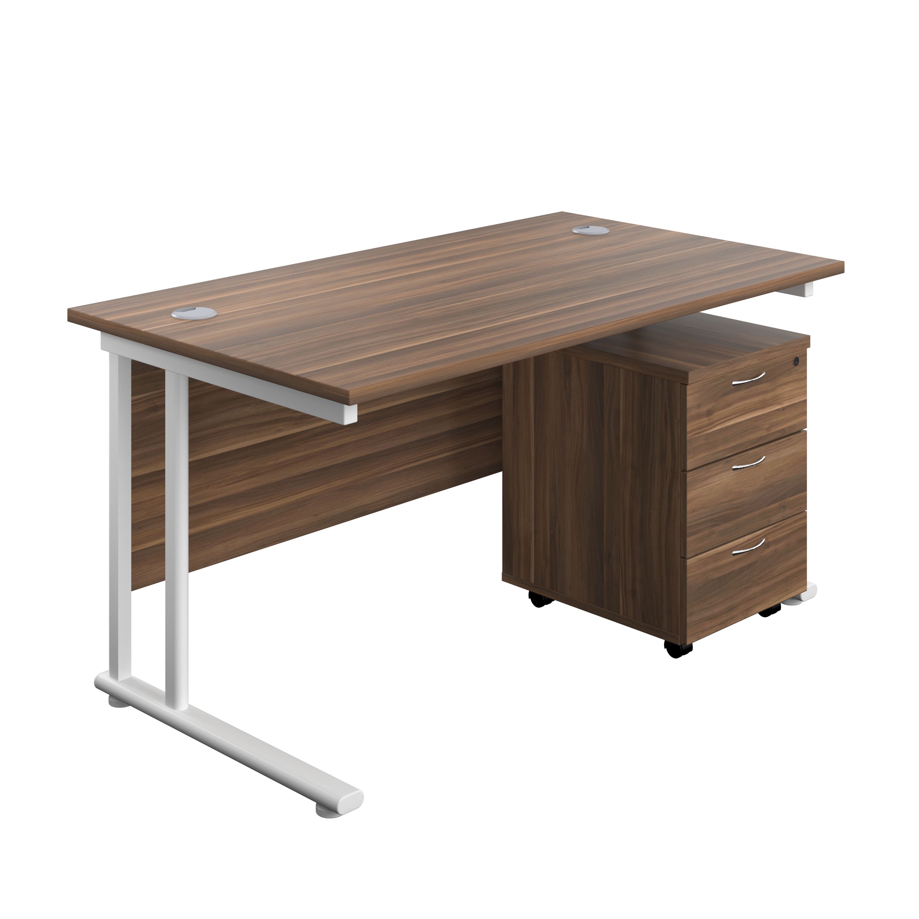 Twin Upright Rectangular Desk + Mobile 3 Drawer Pedestal (FSC) | 1400X800 | Dark Walnut/White