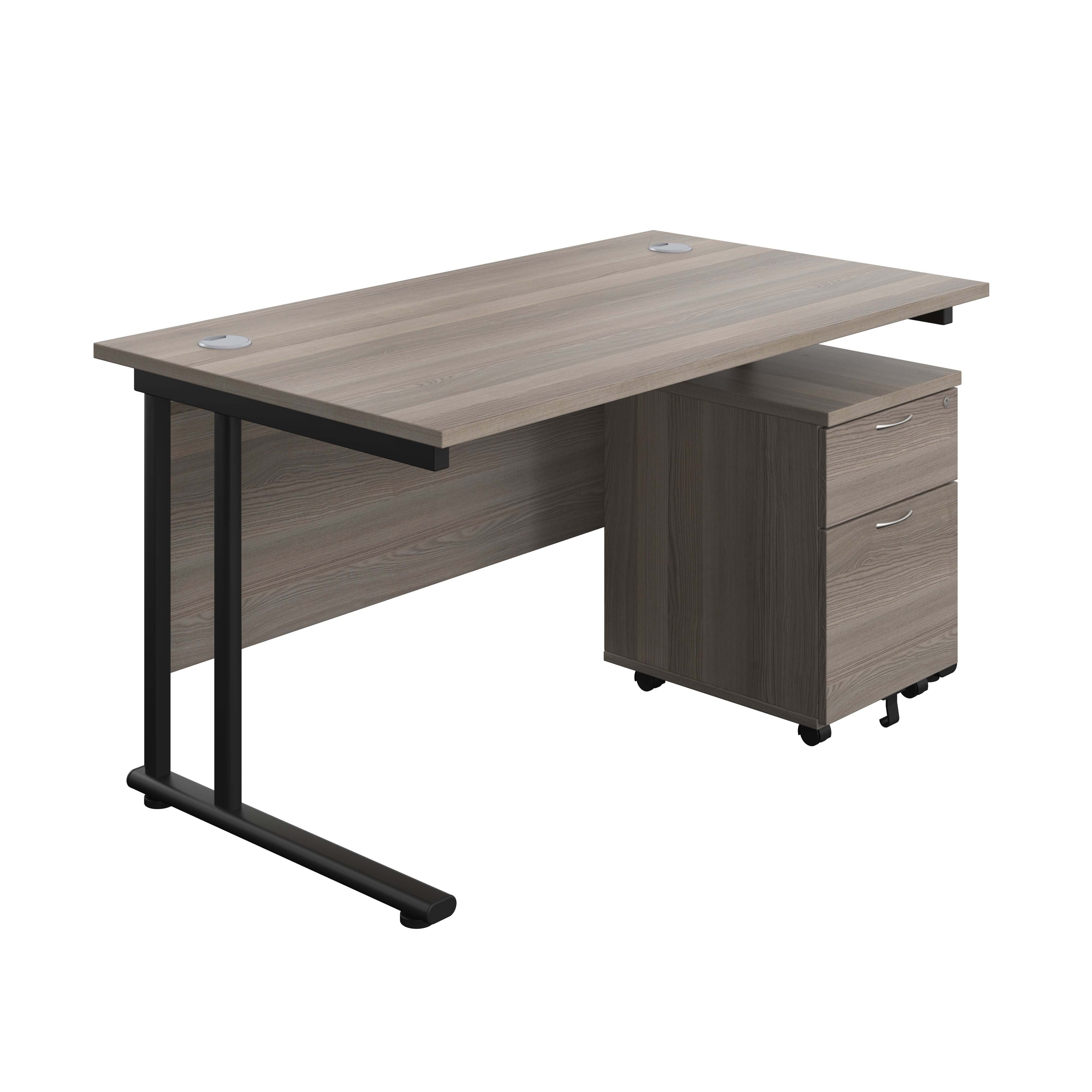 Twin Upright Rectangular Desk + Mobile 2 Drawer Pedestal (FSC) | 1400X800 | Grey Oak/Black