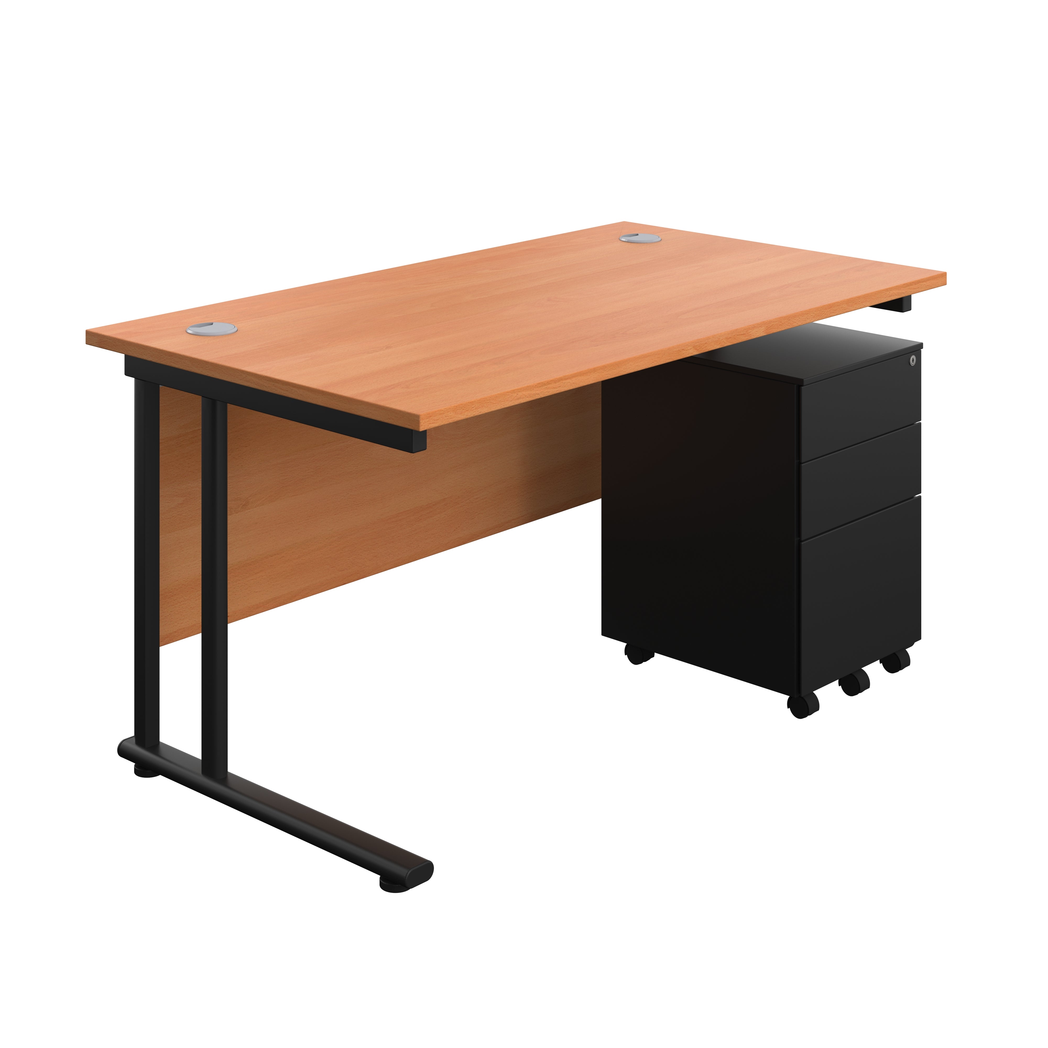 Twin Upright Rectangular Desk + Under Desk Steel Pedestal 3 Drawers (FSC) | 1400X800 | Beech/Black