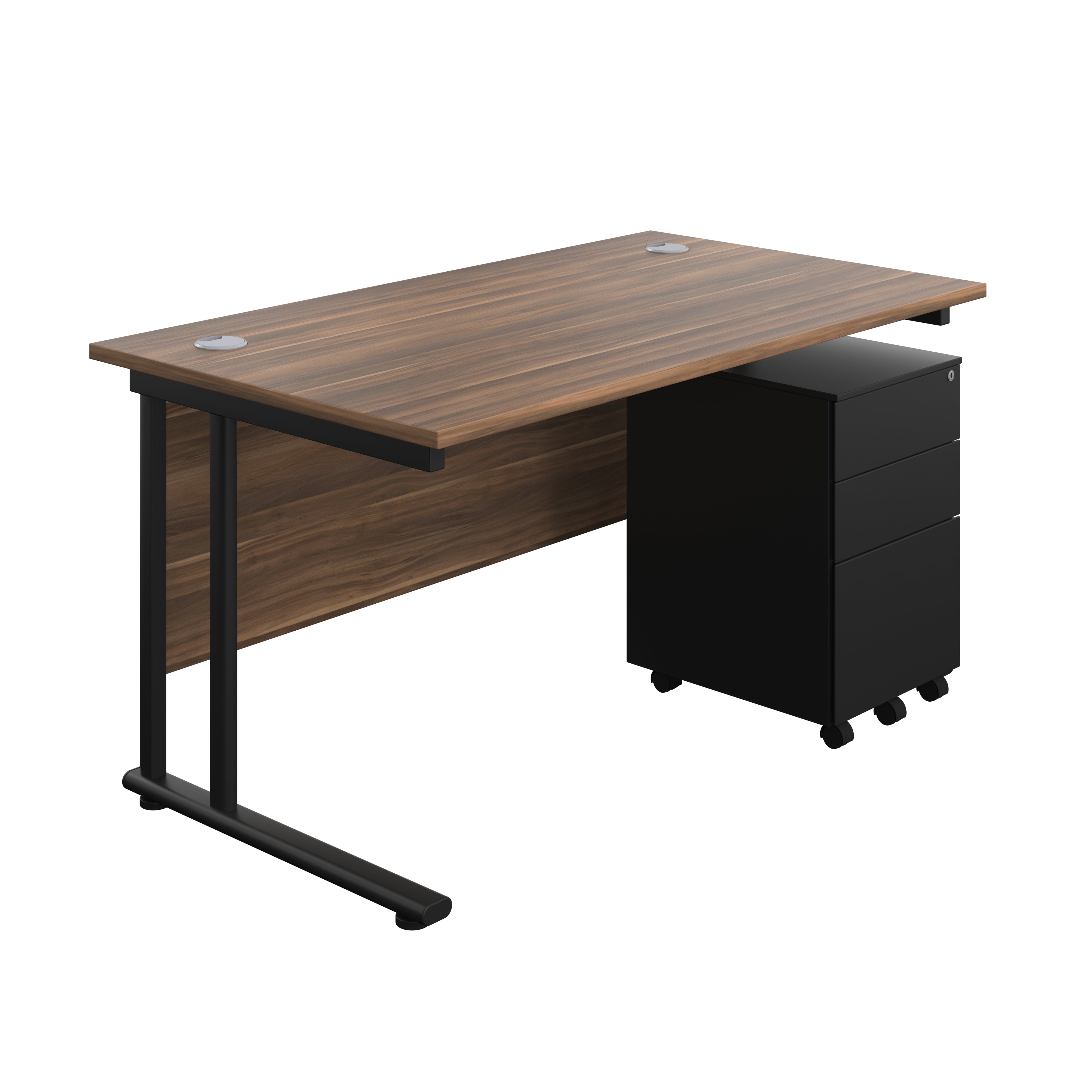 Twin Upright Rectangular Desk + Under Desk Steel Pedestal 3 Drawers (FSC) | 1400X800 | Dark Walnut/Black