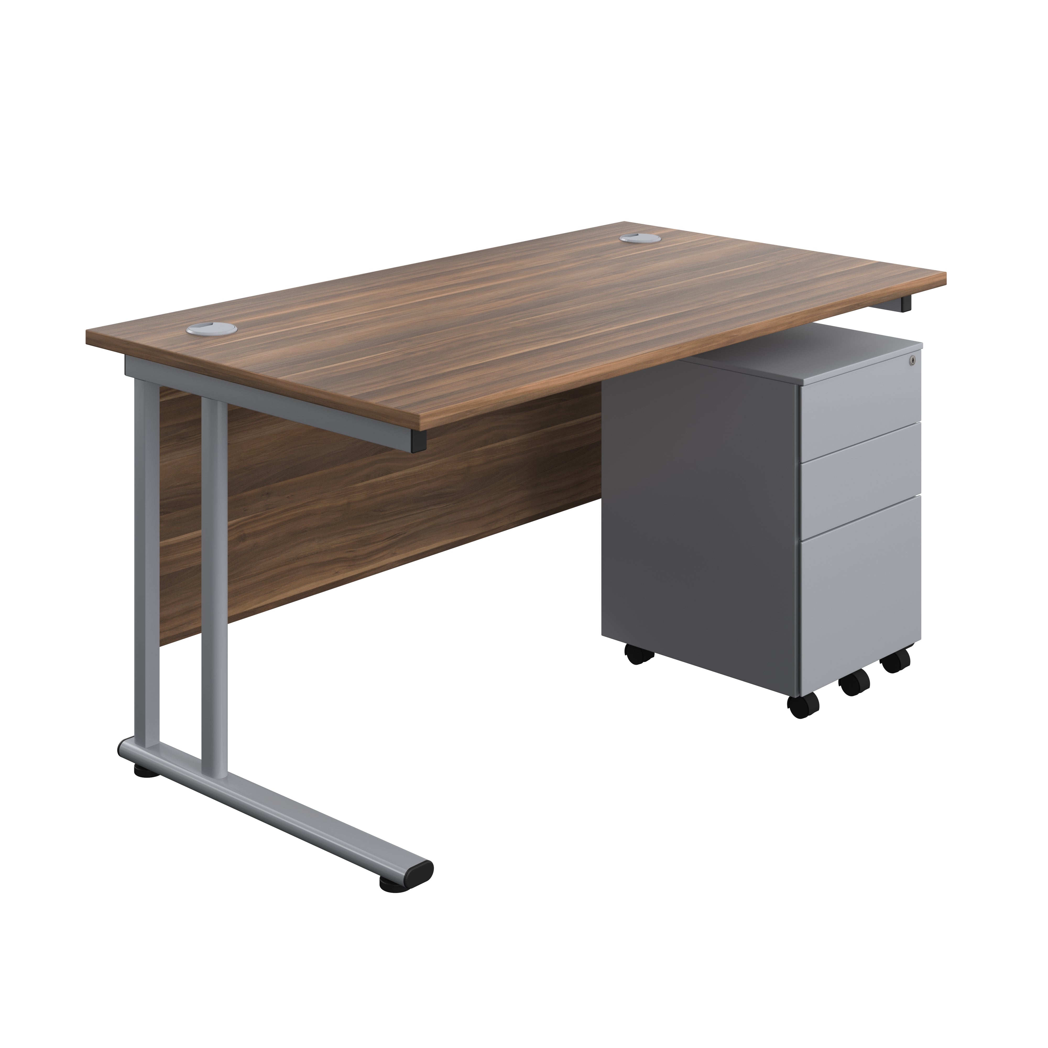 Twin Upright Rectangular Desk + Under Desk Steel Pedestal 3 Drawers (FSC) | 1400X800 | Dark Walnut/Silver