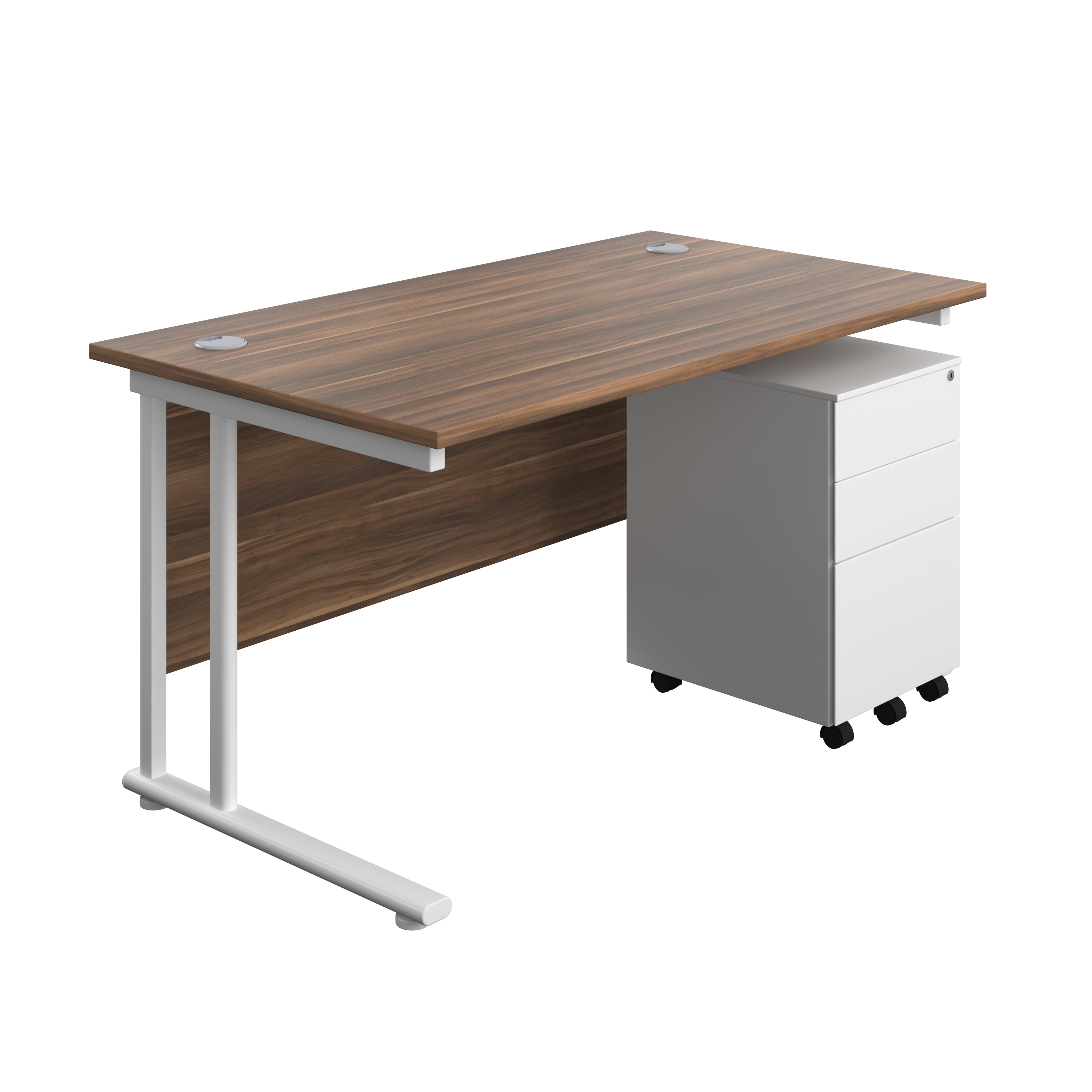 Twin Upright Rectangular Desk + Under Desk Steel Pedestal 3 Drawers (FSC) | 1400X800 | Dark Walnut/White