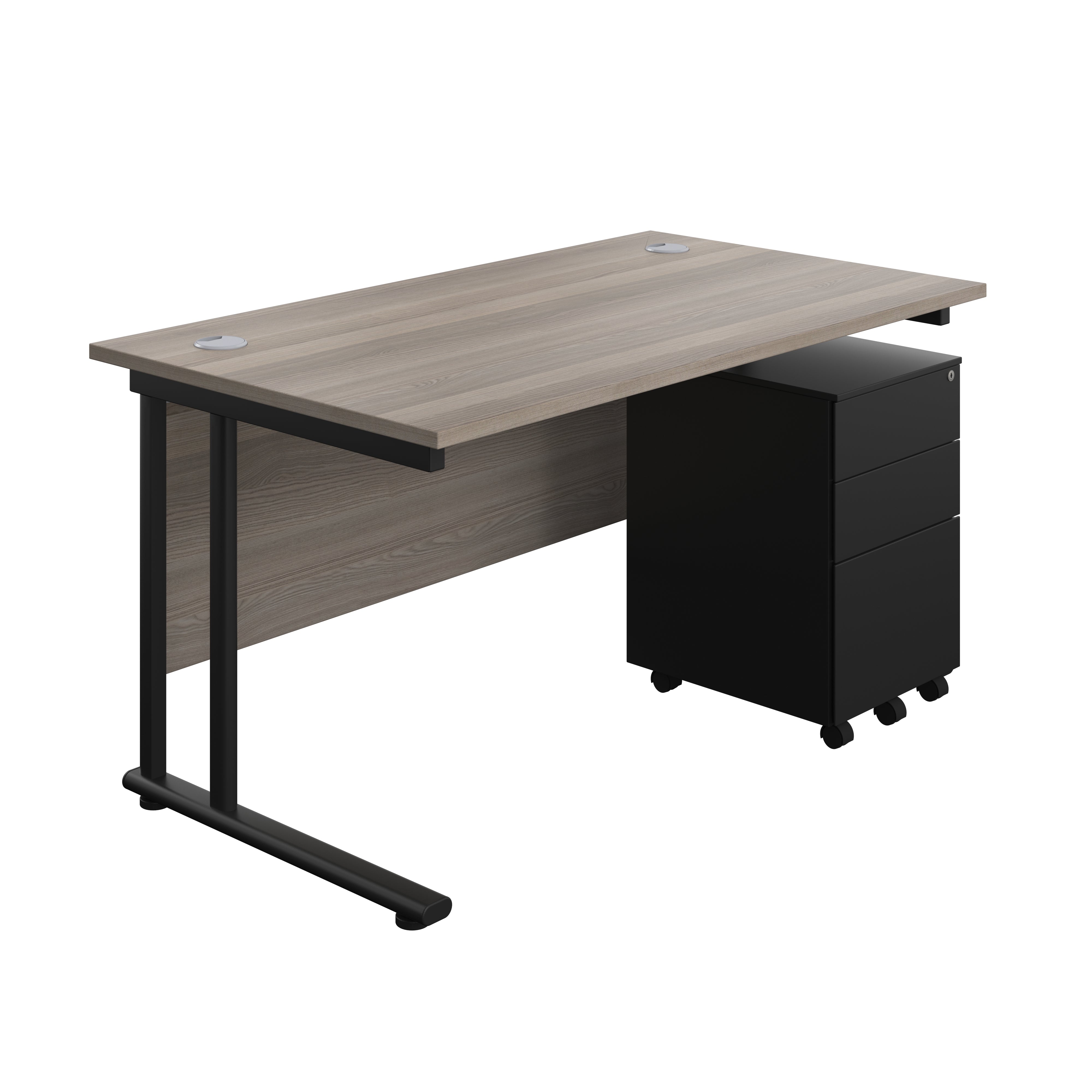 Twin Upright Rectangular Desk + Under Desk Steel Pedestal 3 Drawers (FSC) | 1400X800 | Grey Oak/Black
