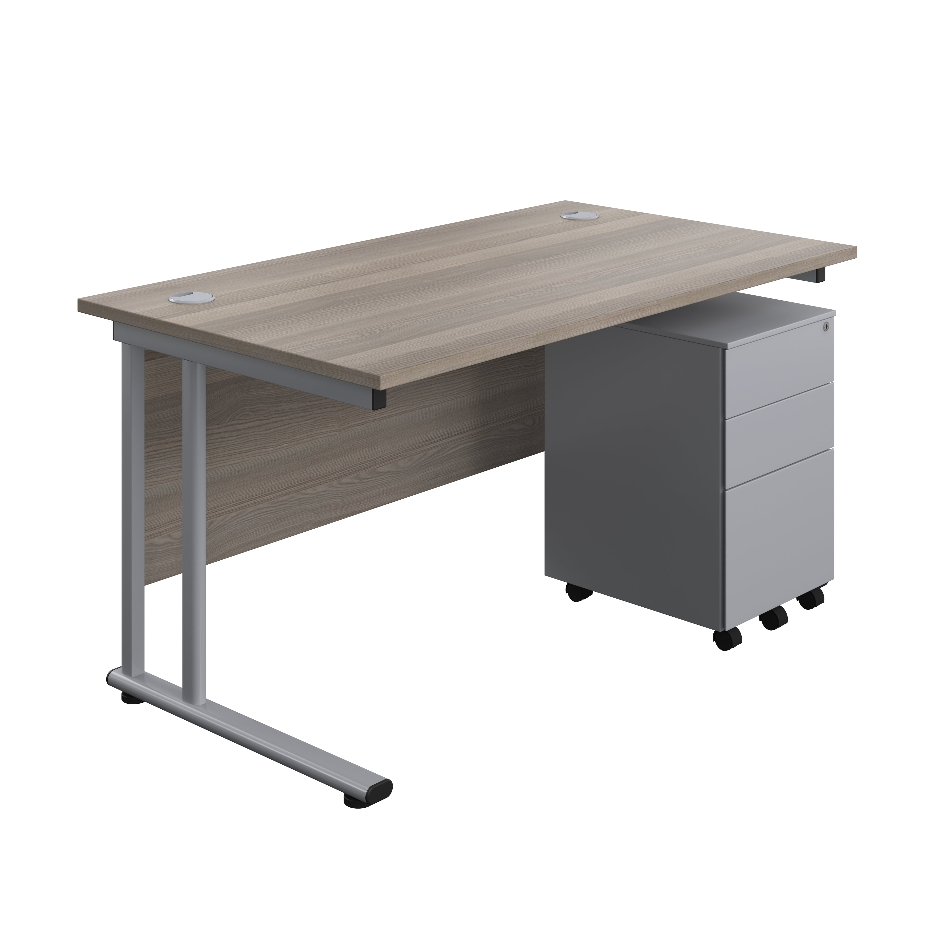 Twin Upright Rectangular Desk + Under Desk Steel Pedestal 3 Drawers (FSC) | 1400X800 | Grey Oak/Silver