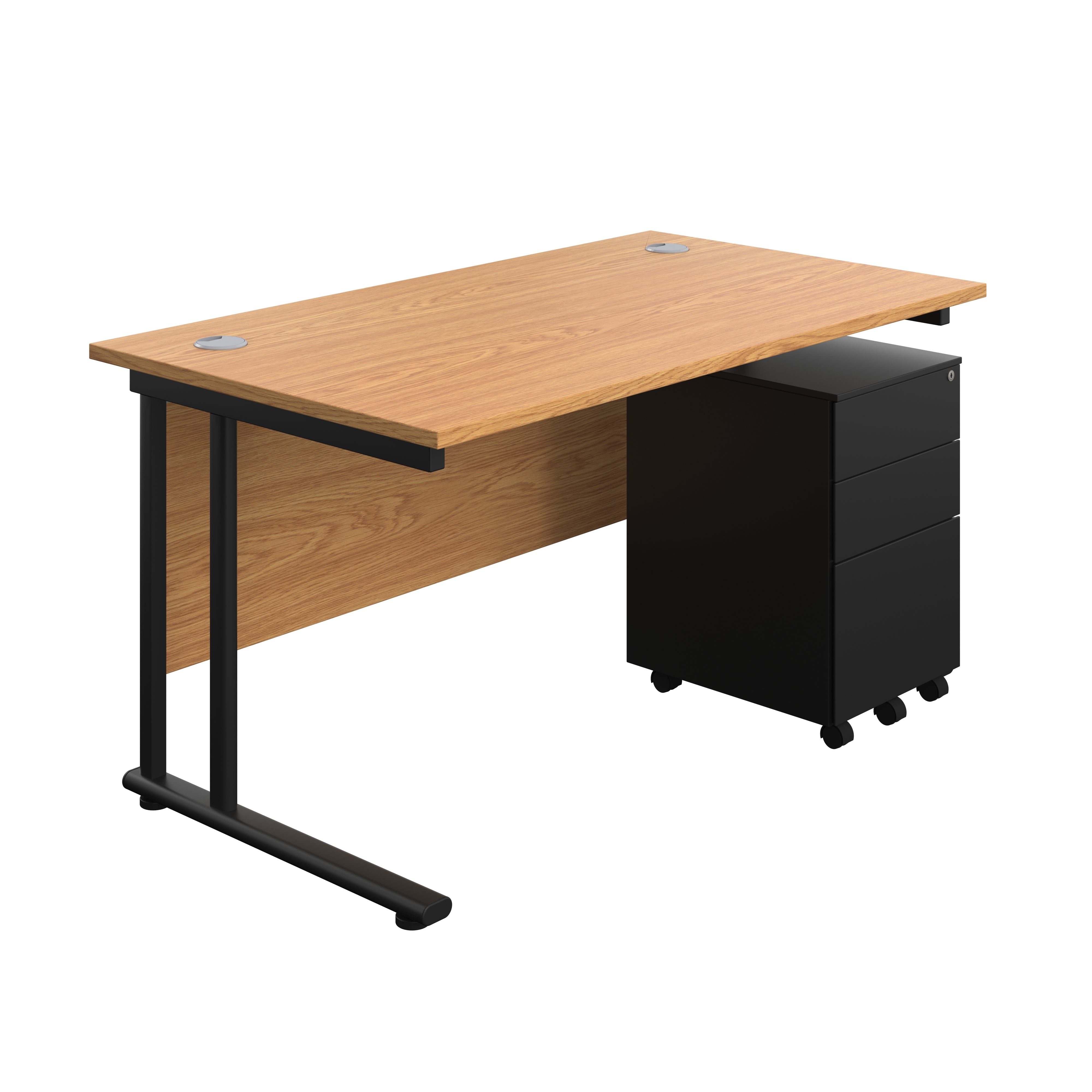 Twin Upright Rectangular Desk + Under Desk Steel Pedestal 3 Drawers (FSC) | 1400X800 | Nova Oak/Black