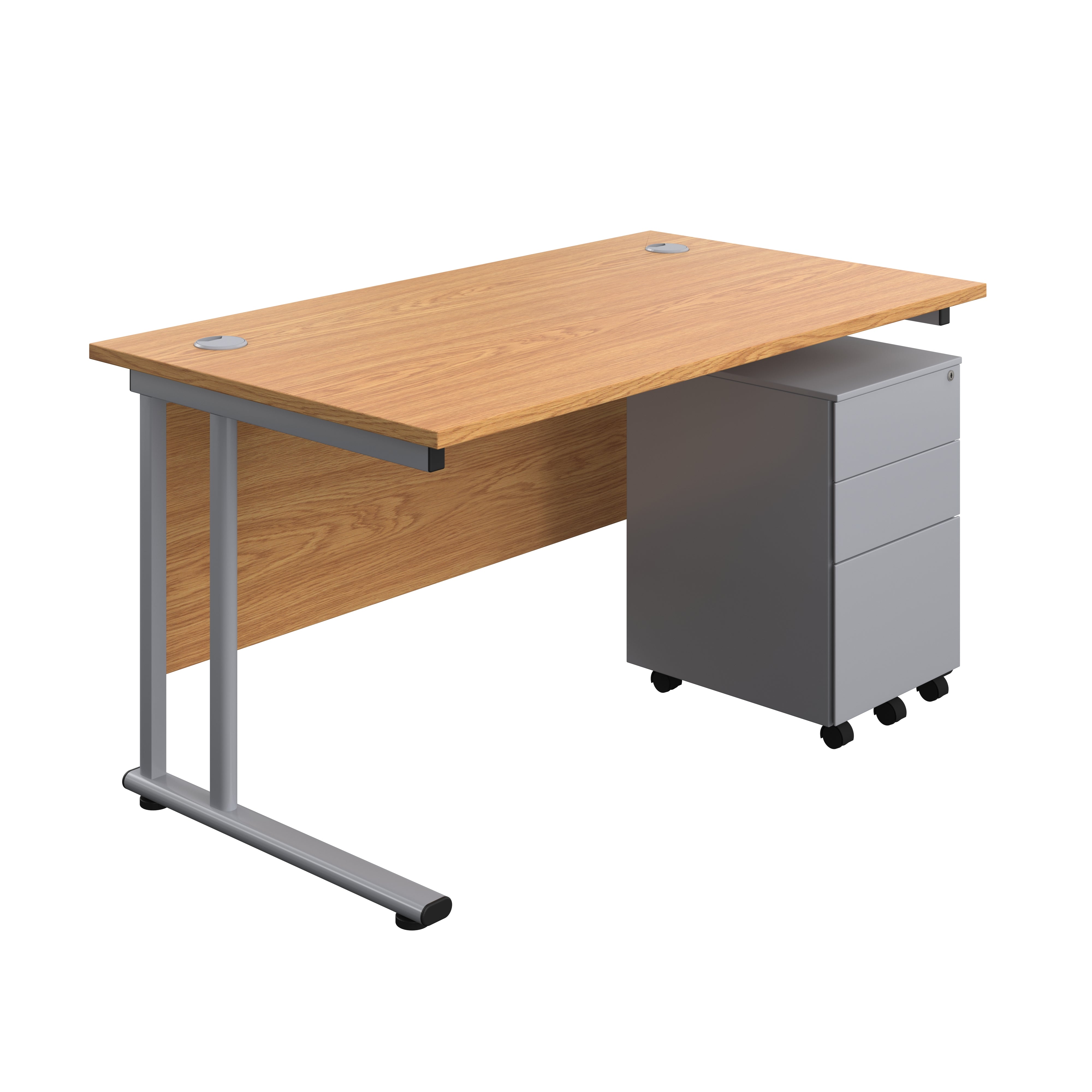 Twin Upright Rectangular Desk + Under Desk Steel Pedestal 3 Drawers (FSC) | 1400X800 | Nova Oak/Silver