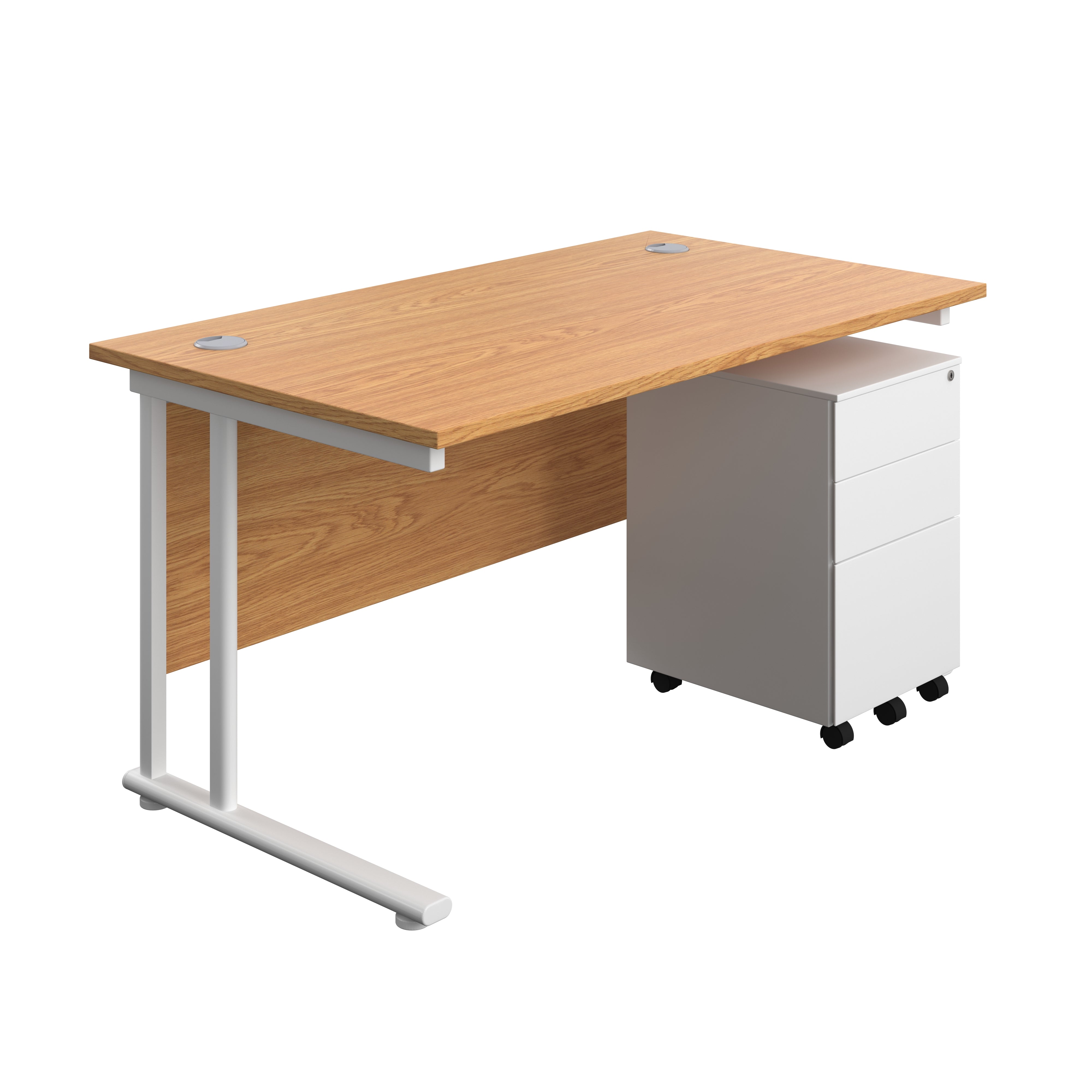 Twin Upright Rectangular Desk + Under Desk Steel Pedestal 3 Drawers (FSC) | 1400X800 | Nova Oak/White