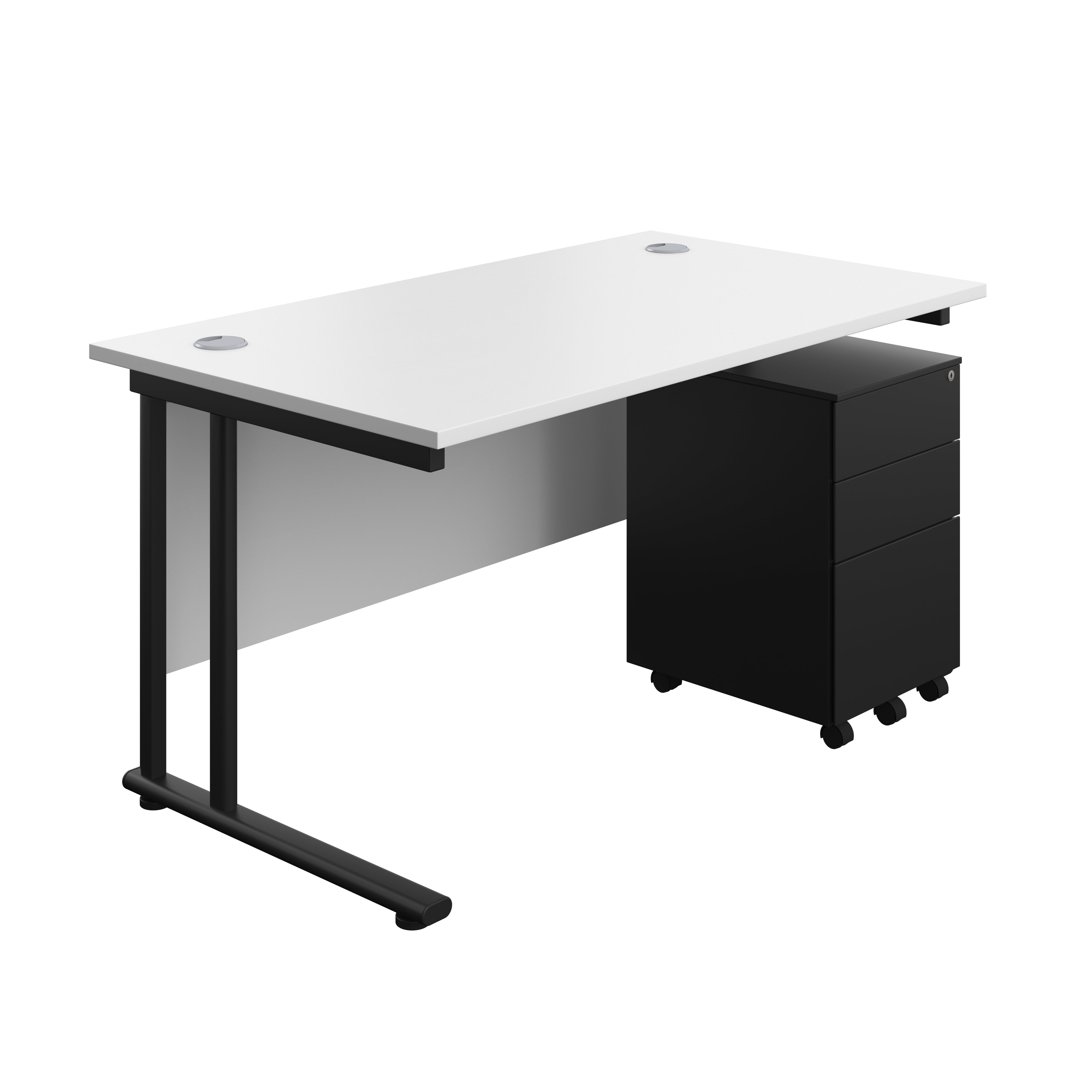 Twin Upright Rectangular Desk + Under Desk Steel Pedestal 3 Drawers (FSC) | 1400X800 | White/Black