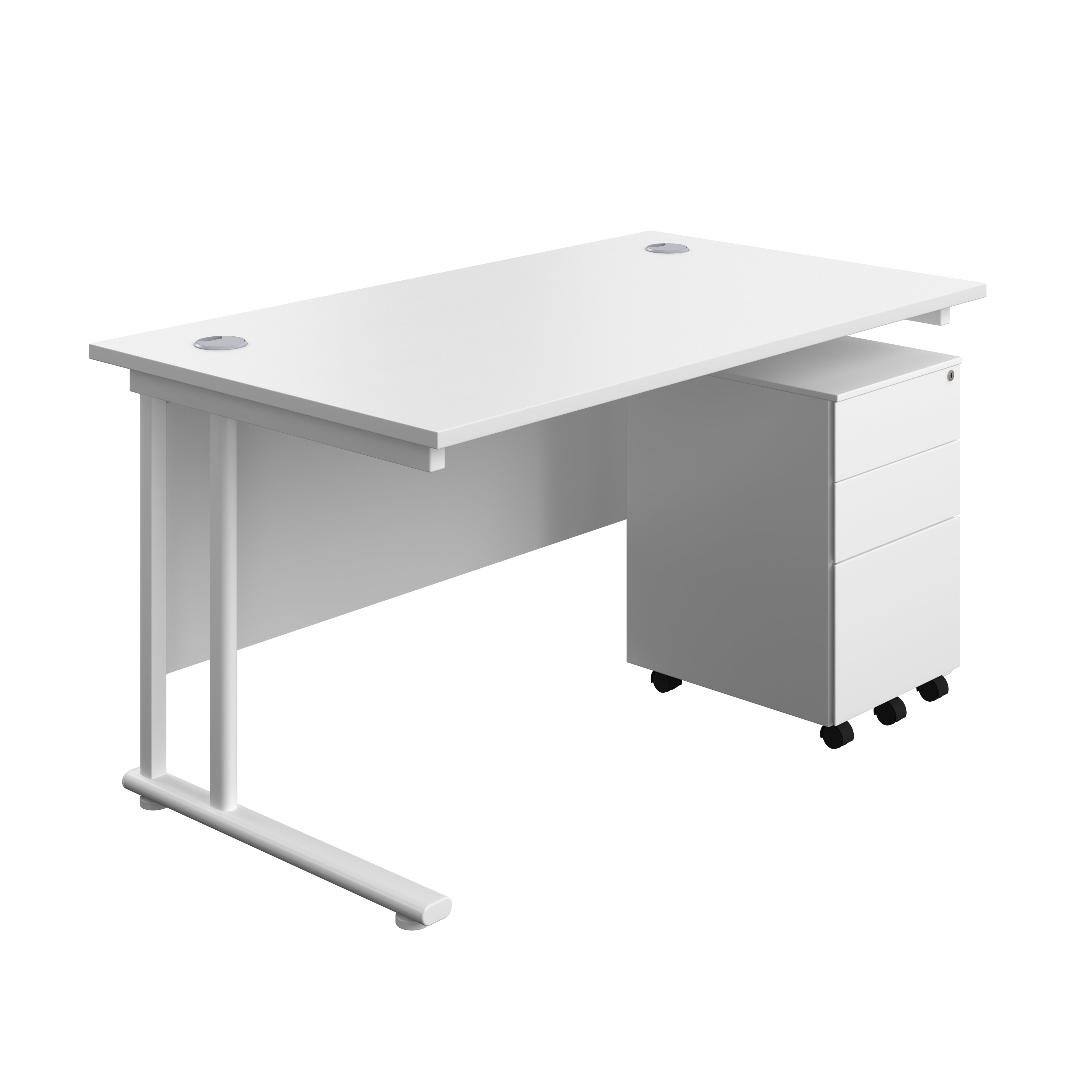 Twin Upright Rectangular Desk + Under Desk Steel Pedestal 3 Drawers (FSC) | 1400X800 | White/White