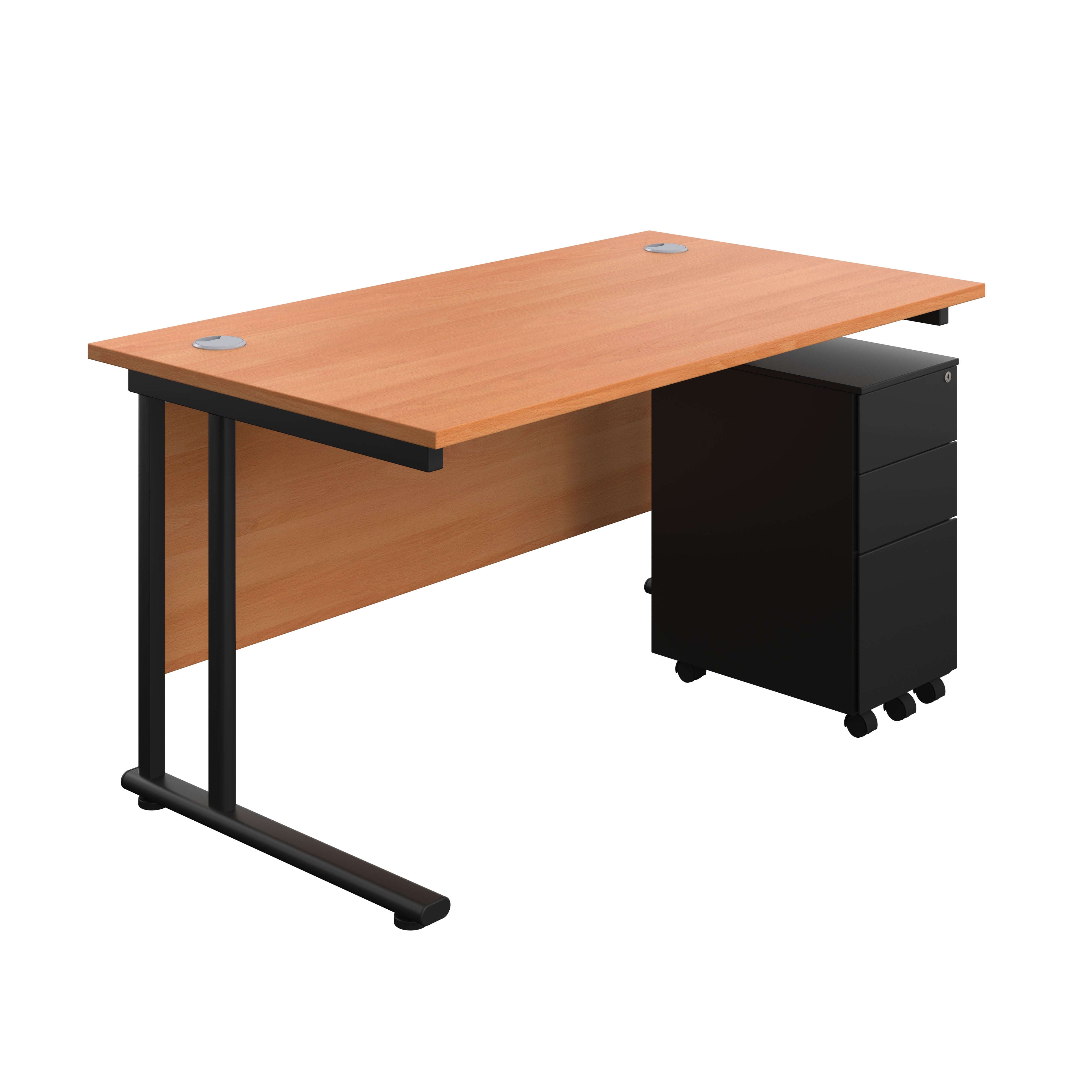 Twin Upright Rectangular Desk + Slimline Steel Pedestal 3 Drawers (FSC) | 1400X800 | Beech/Black