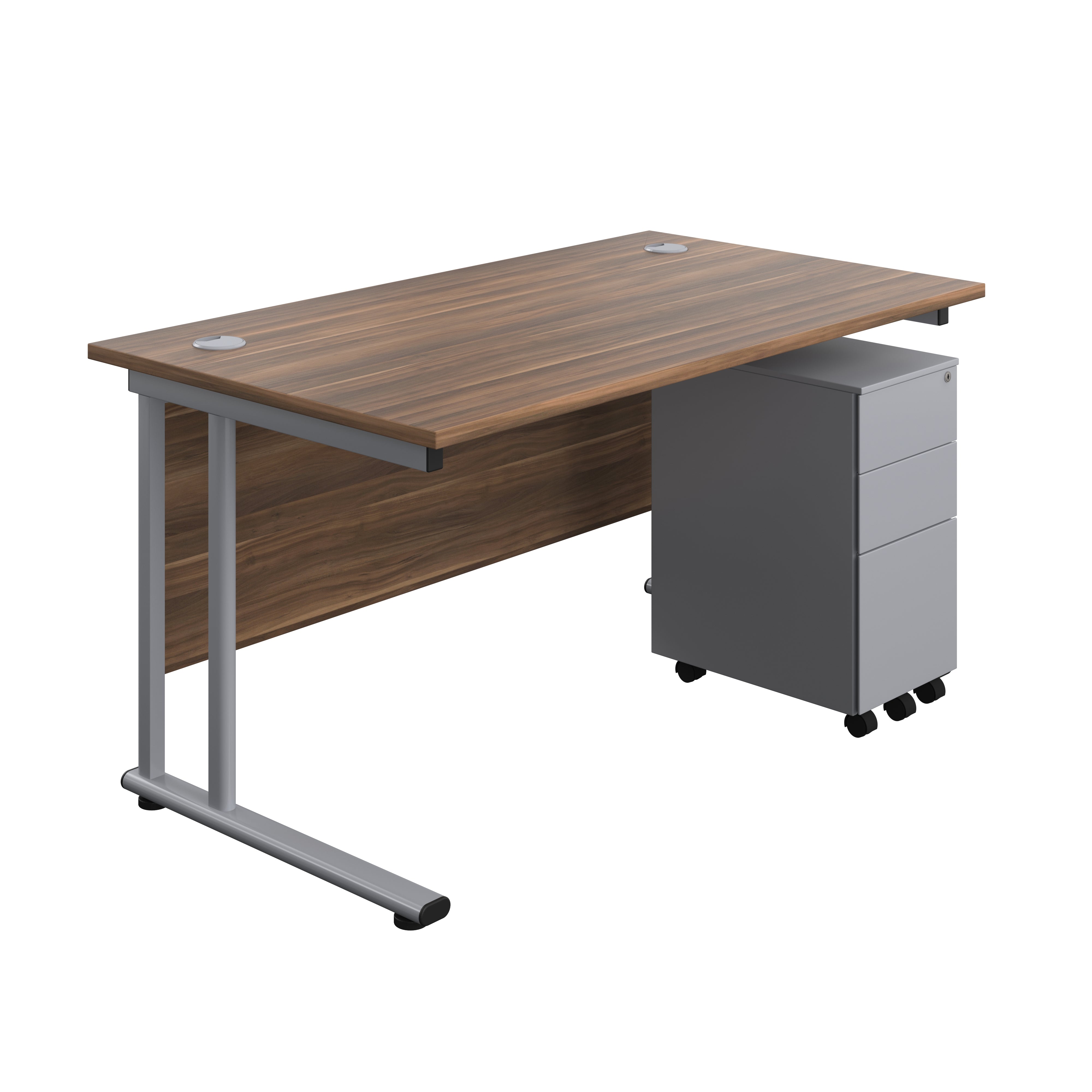 Twin Upright Rectangular Desk + Slimline Steel Pedestal 3 Drawers (FSC) | 1400X800 | Dark Walnut/Silver