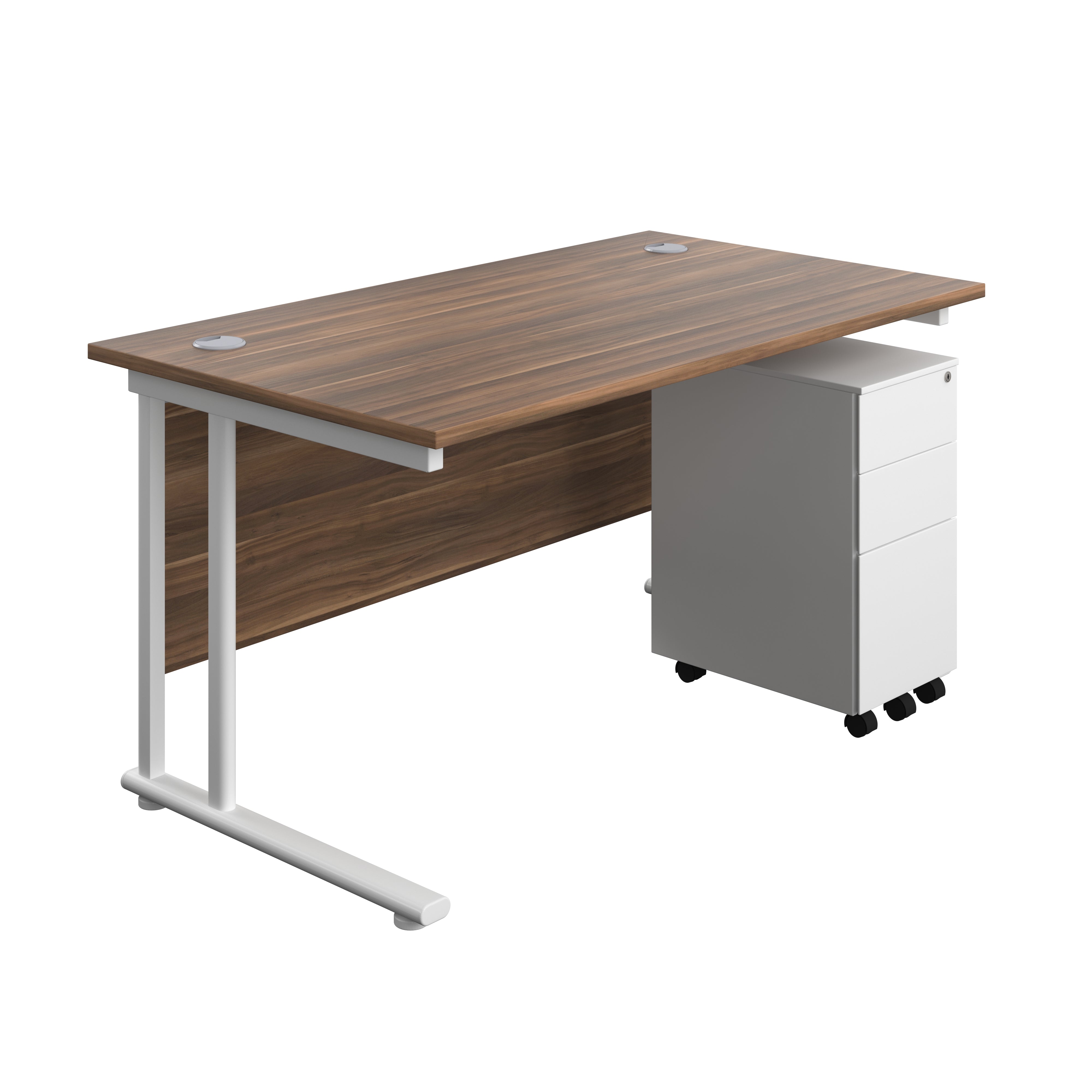 Twin Upright Rectangular Desk + Slimline Steel Pedestal 3 Drawers (FSC) | 1400X800 | Dark Walnut/White